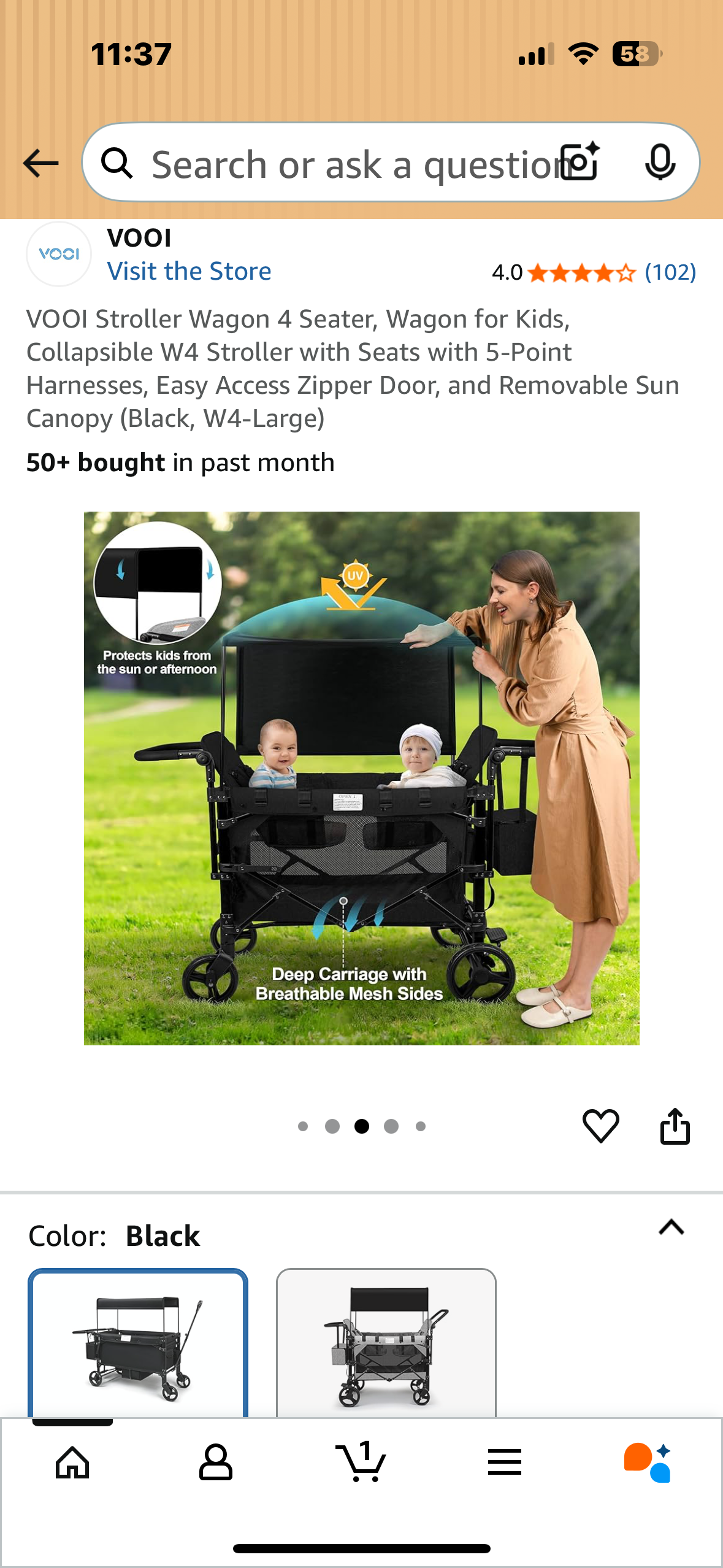 VOOI Stroller Wagon 4 Seater, Wagon for Kids, Collapsible W4 Stroller with Seats with 5-Point Harnesses, Easy Access Zipper Door, and Removable Sun Canopy (Black, W4-Large) (R697)