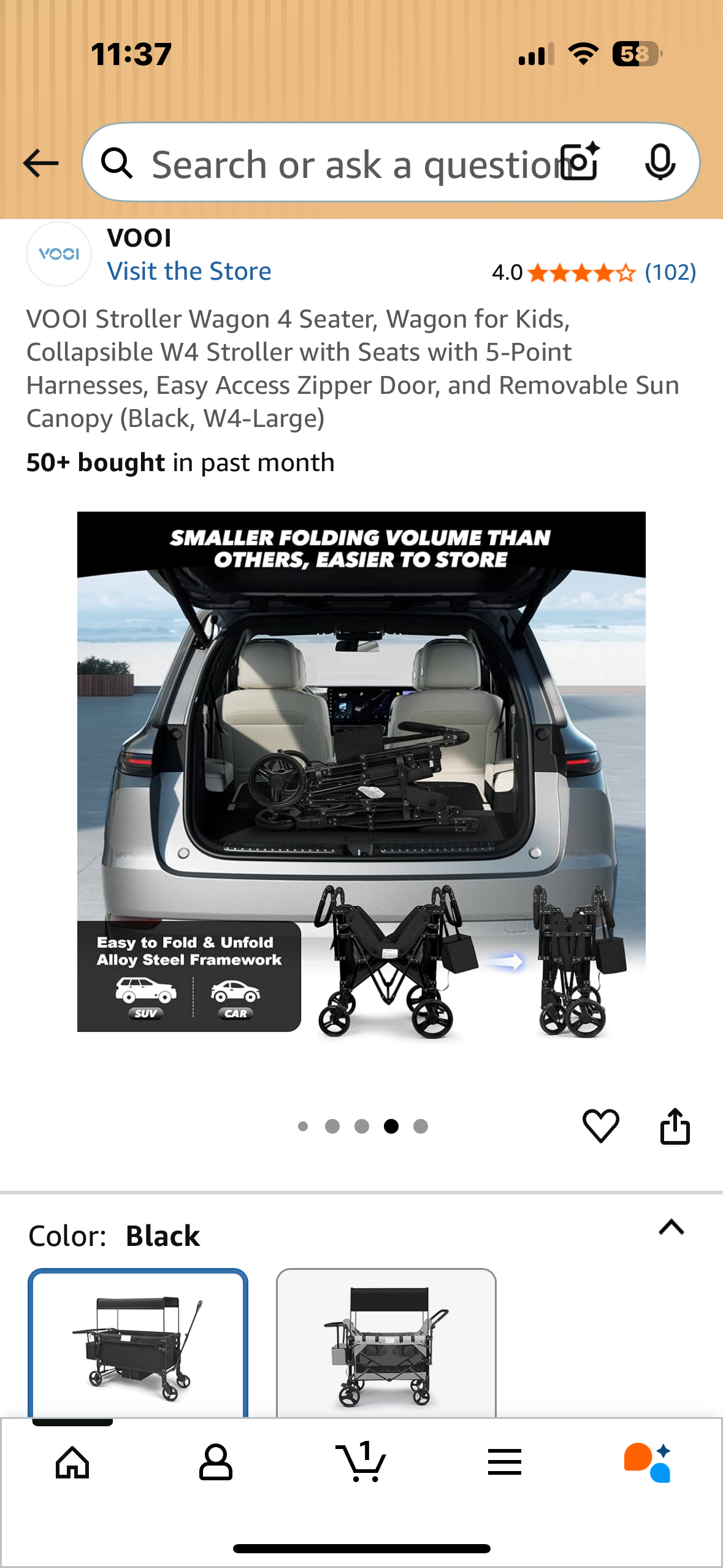 VOOI Stroller Wagon 4 Seater, Wagon for Kids, Collapsible W4 Stroller with Seats with 5-Point Harnesses, Easy Access Zipper Door, and Removable Sun Canopy (Black, W4-Large) (R697)