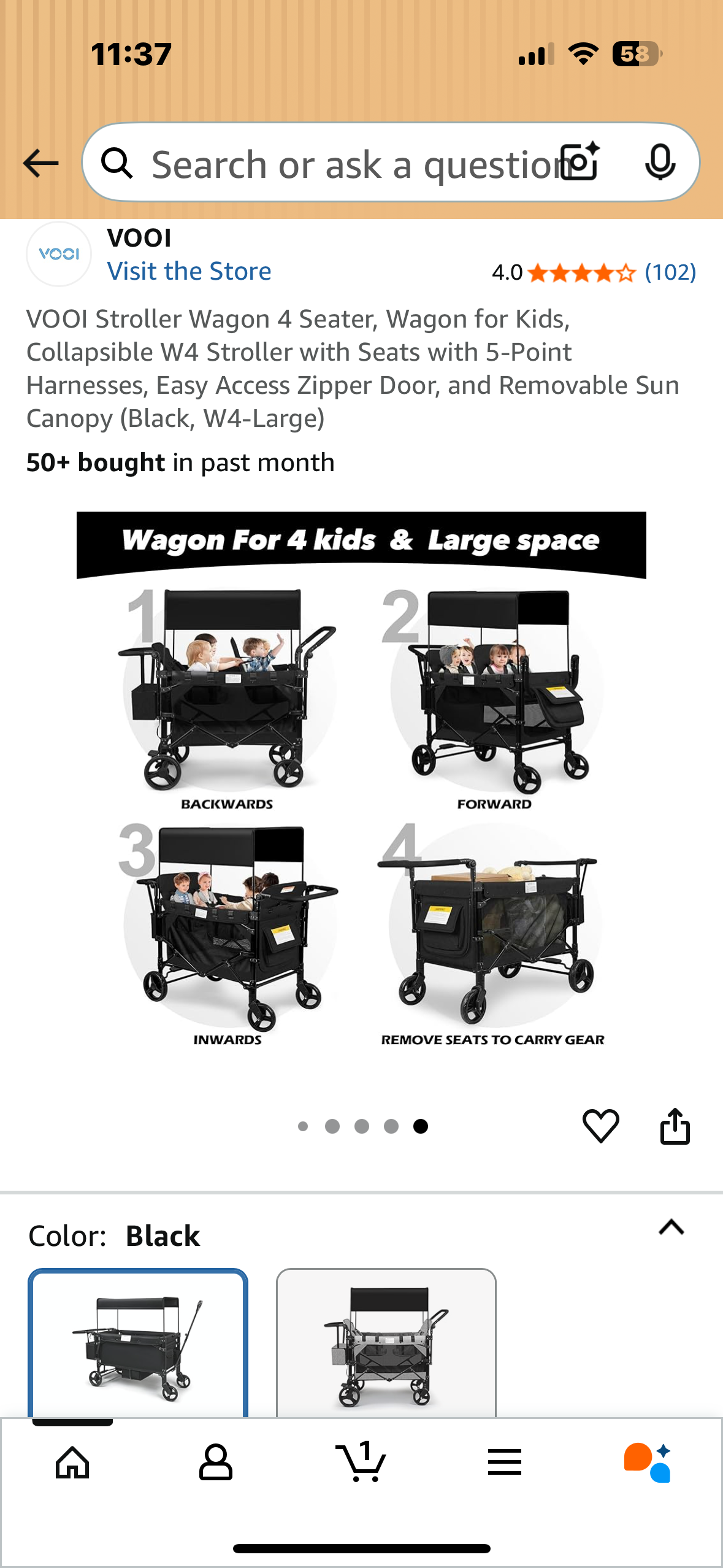 VOOI Stroller Wagon 4 Seater, Wagon for Kids, Collapsible W4 Stroller with Seats with 5-Point Harnesses, Easy Access Zipper Door, and Removable Sun Canopy (Black, W4-Large) (R697)