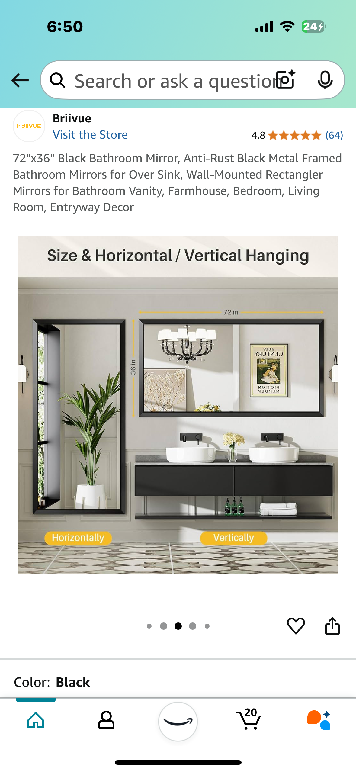 New - 72"x36" Rectangular Mirror, Black Metal Frame,Bathroom, Bedroom, Living Room, Entryway (M325)