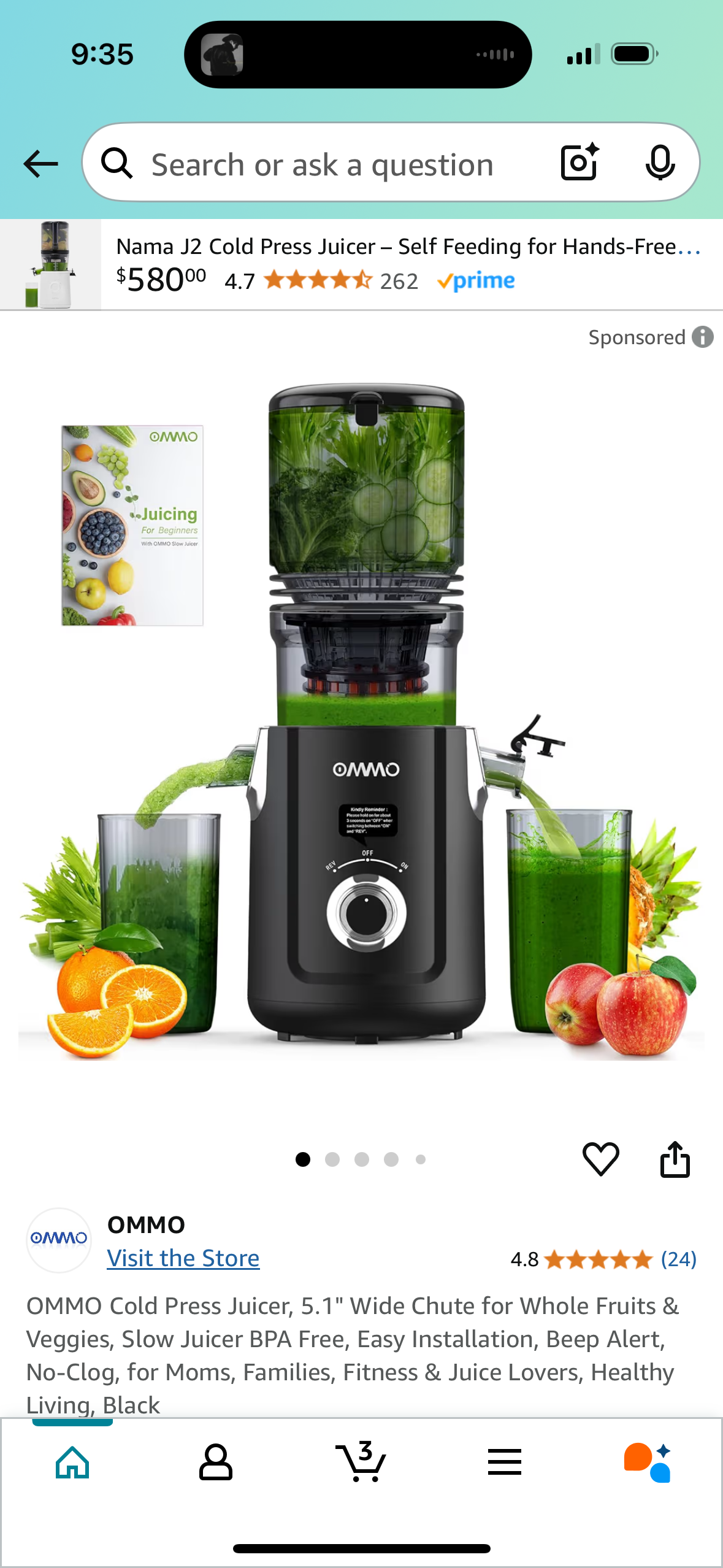 OMMO Cold Press Juicer, 5.1" Wide Chute for Whole Fruits & Veggies, Slow Juicer BPA Free, Easy Installation, Beep Alert, No-Clog, for Moms, Families, Fitness & Juice Lovers, Healthy Living, Black