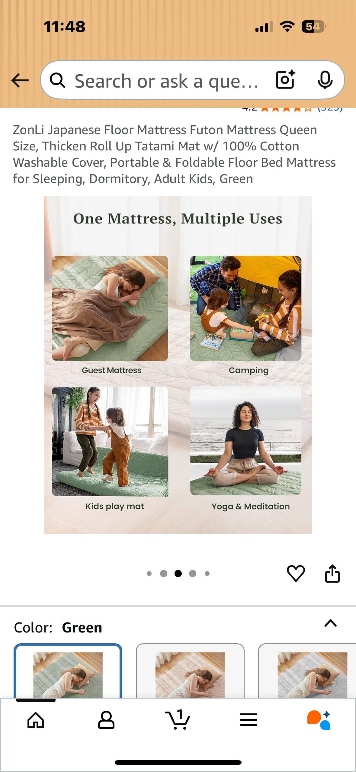 ZonLi Queen Size Japanese Floor Mattress, Futon Mattress, Thick Roll Up Tatami Mat w/ 100% Cotton Washable Cover, Portable & Foldable Tatami Mattress for Sleeping, Dormitory, Green (B1111)