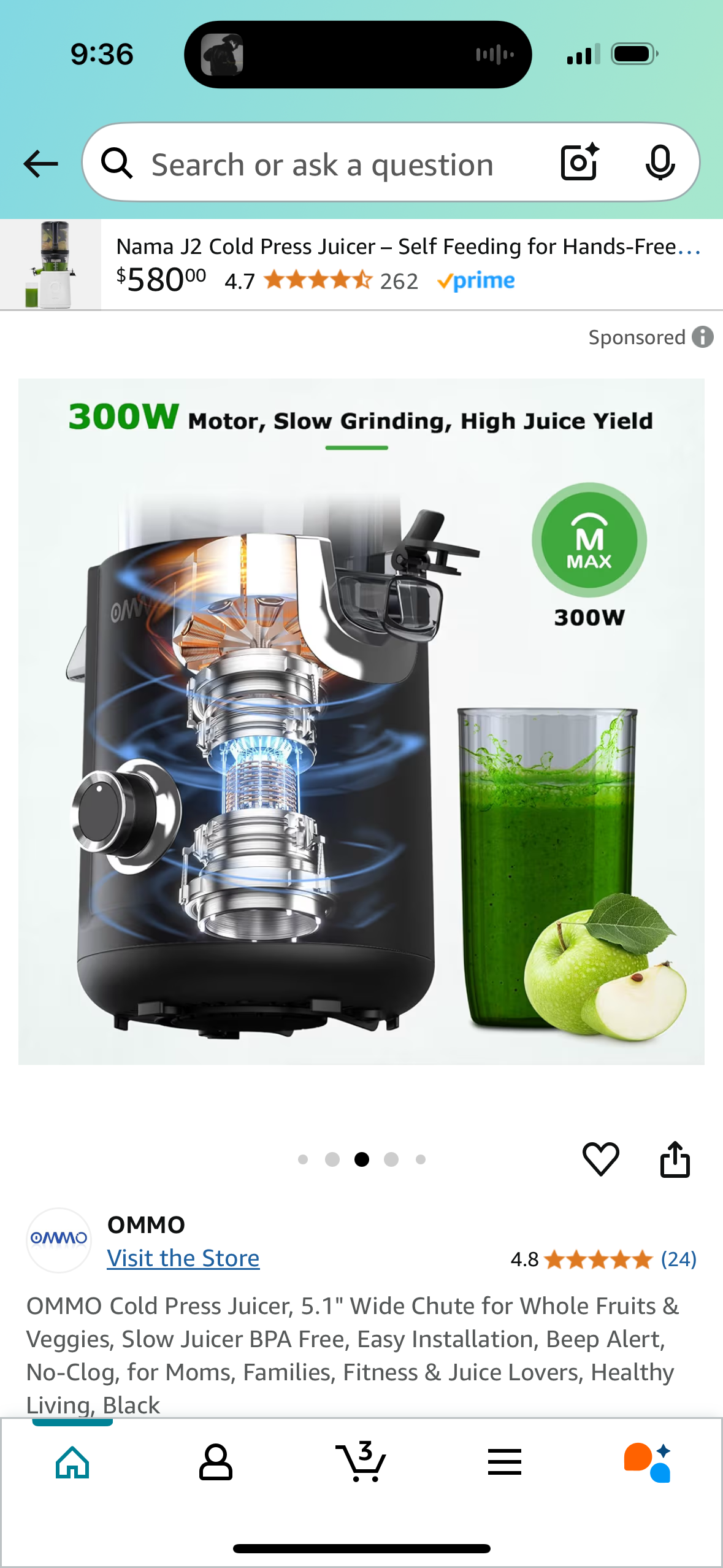 OMMO Cold Press Juicer, 5.1" Wide Chute for Whole Fruits & Veggies, Slow Juicer BPA Free, Easy Installation, Beep Alert, No-Clog, for Moms, Families, Fitness & Juice Lovers, Healthy Living, Black