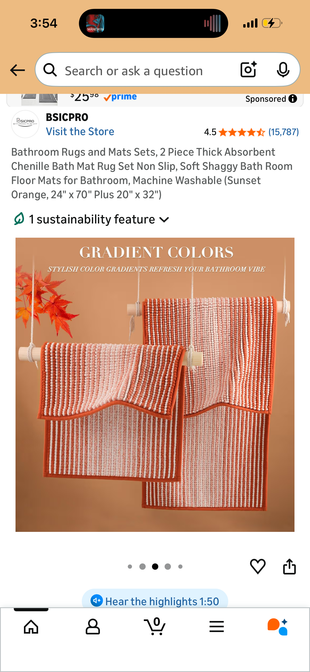 Bathroom Rugs and Mats Sets, 2 Piece Thick Absorbent Chenille Bath Mat Rug Set Non Slip, Soft Shaggy Bath Room Floor Mats for Bathroom, Machine Washable (Sunset Orange, 24" x 70" Plus 20" x 32")