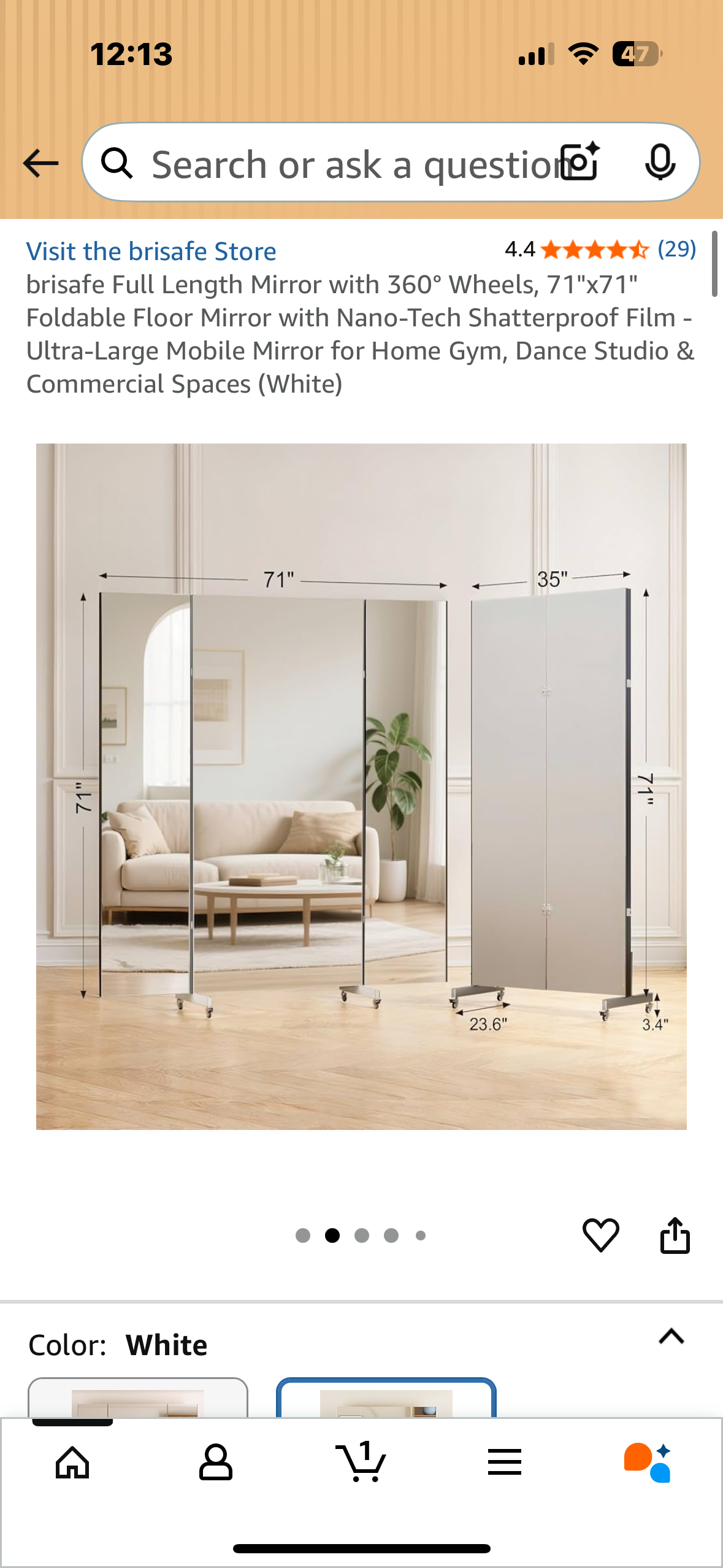 brisafe Full Length Mirror with 360° Wheels, 71"x71" Foldable Floor Mirror with Nano-Tech Shatterproof Film - Ultra-Large Mobile Mirror for Home Gym, Dance Studio & Commercial Spaces (White) (M397)