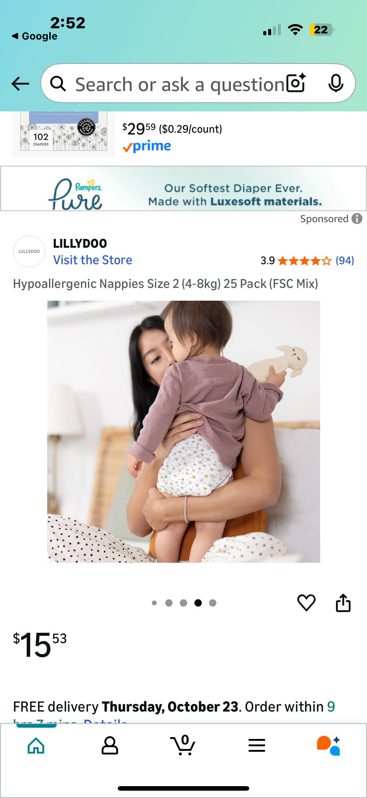 Lillydoo Hypoallergenic Nappies Size 2 (4-8kg, 9-18 lbs) 25 Pack