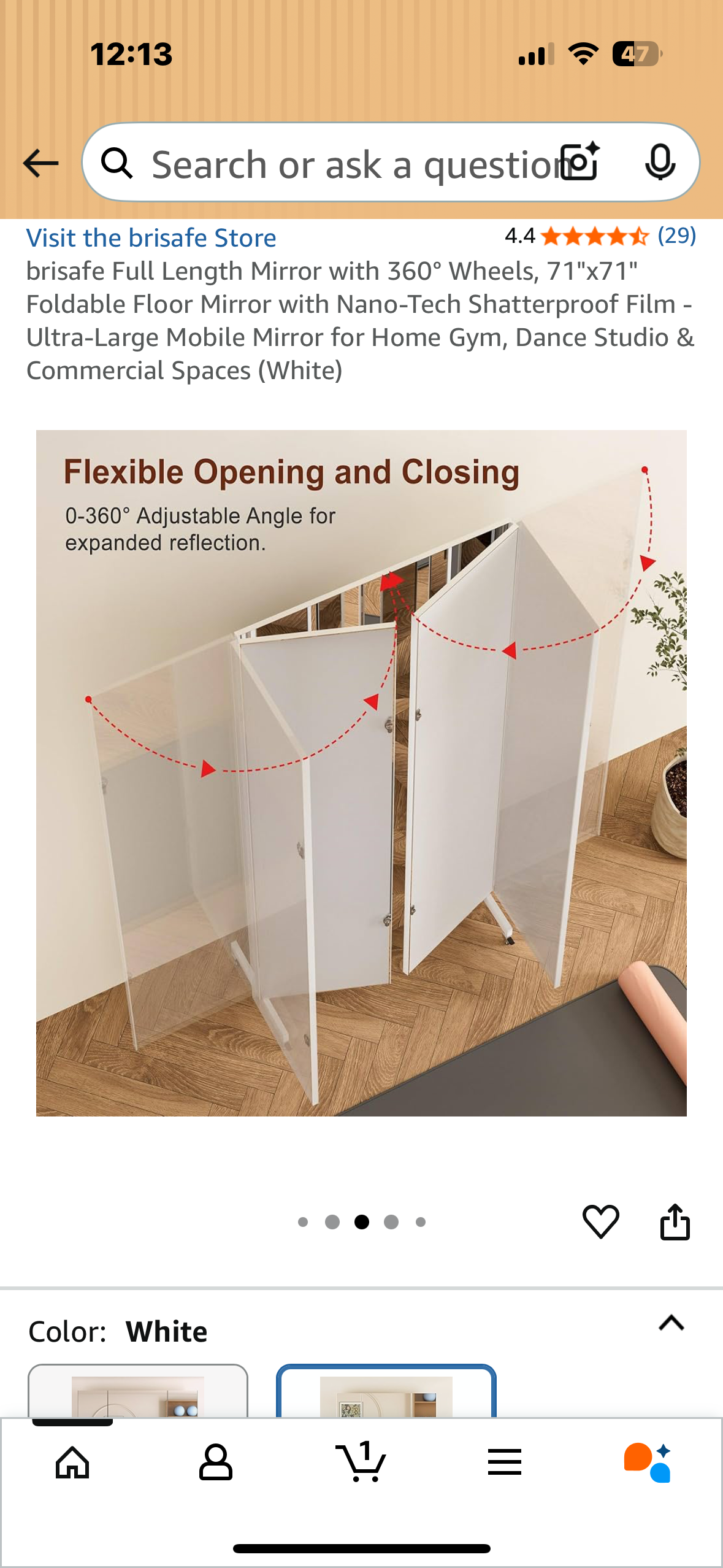 brisafe Full Length Mirror with 360° Wheels, 71"x71" Foldable Floor Mirror with Nano-Tech Shatterproof Film - Ultra-Large Mobile Mirror for Home Gym, Dance Studio & Commercial Spaces (White) (M397)
