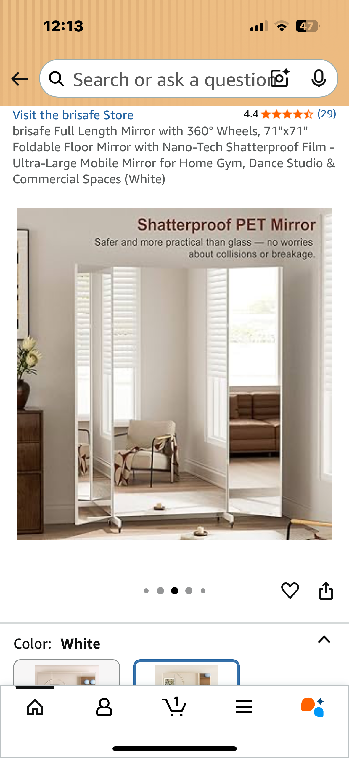 brisafe Full Length Mirror with 360° Wheels, 71"x71" Foldable Floor Mirror with Nano-Tech Shatterproof Film - Ultra-Large Mobile Mirror for Home Gym, Dance Studio & Commercial Spaces (White) (M397)