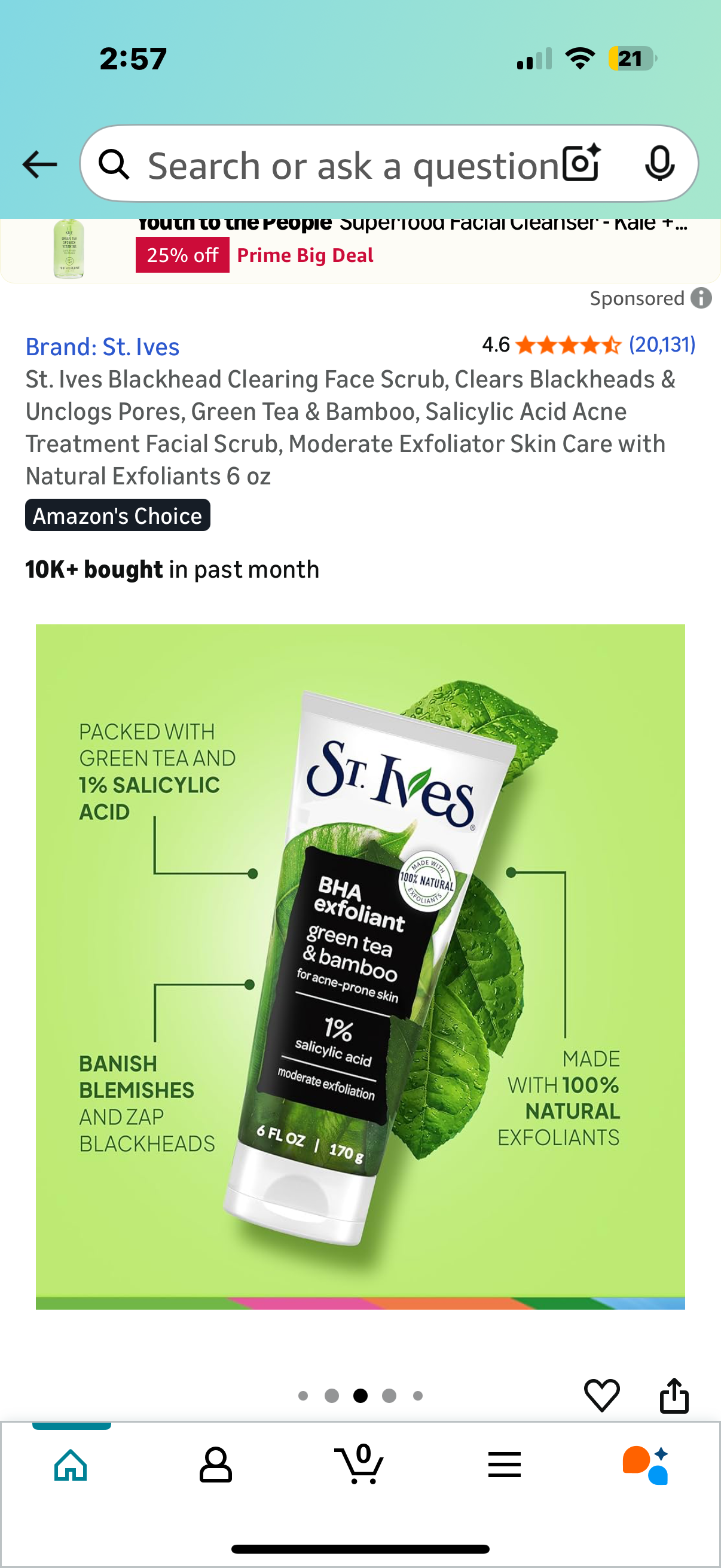 St. Ives Blackhead Clearing Face Scrub, Clears Blackheads & Unclogs Pores, Green Tea & Bamboo, Salicylic Acid Acne Treatment Facial Scrub, Moderate Exfoliator Skin Care with Natural Exfoliants 6 oz