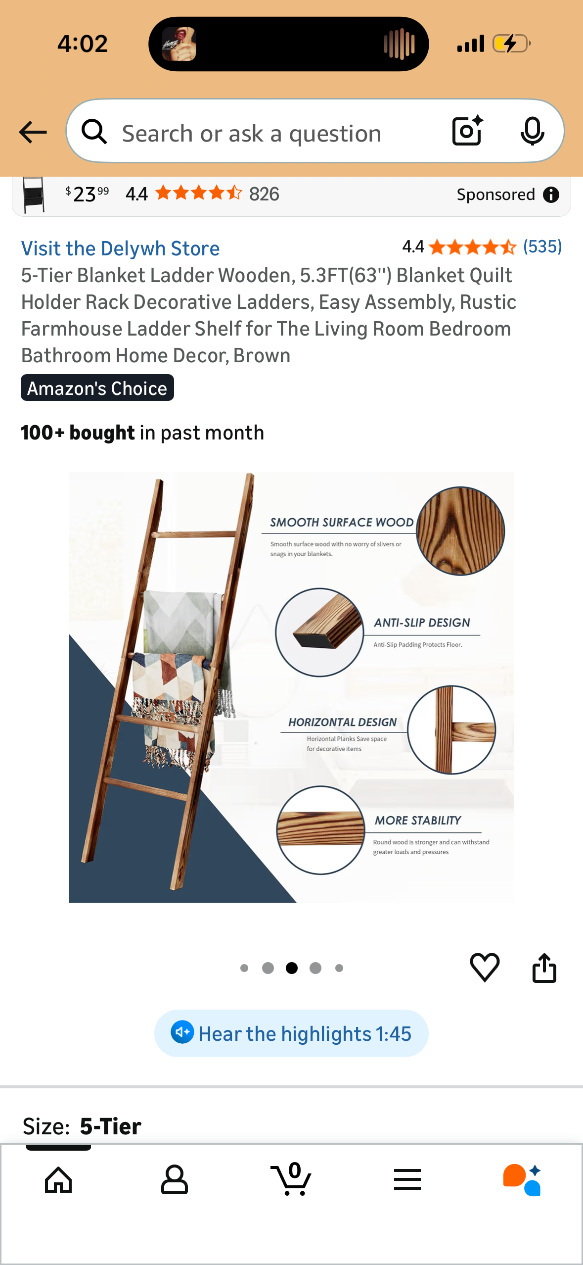 5-Tier Blanket Ladder Wooden, 5.3FT(63'') Blanket Quilt Holder Rack Decorative Ladders, Easy Assembly, Rustic Farmhouse Ladder Shelf for The Living Room Bedroom Bathroom Home Decor, Brown