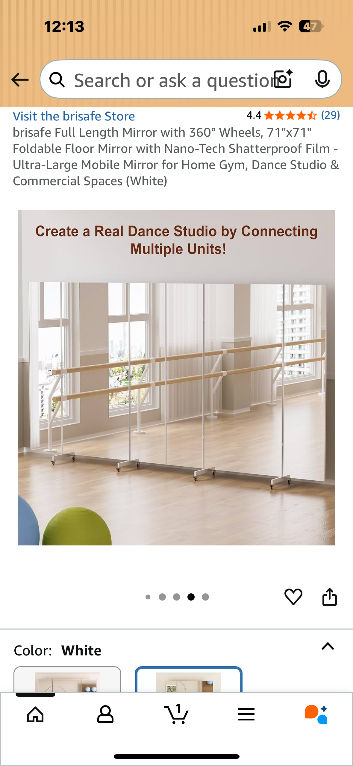 brisafe Full Length Mirror with 360° Wheels, 71"x71" Foldable Floor Mirror with Nano-Tech Shatterproof Film - Ultra-Large Mobile Mirror for Home Gym, Dance Studio & Commercial Spaces (White) (M397)