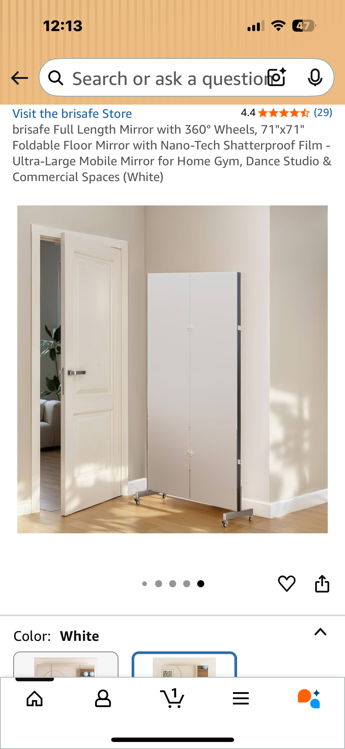 brisafe Full Length Mirror with 360° Wheels, 71"x71" Foldable Floor Mirror with Nano-Tech Shatterproof Film - Ultra-Large Mobile Mirror for Home Gym, Dance Studio & Commercial Spaces (White) (M397)
