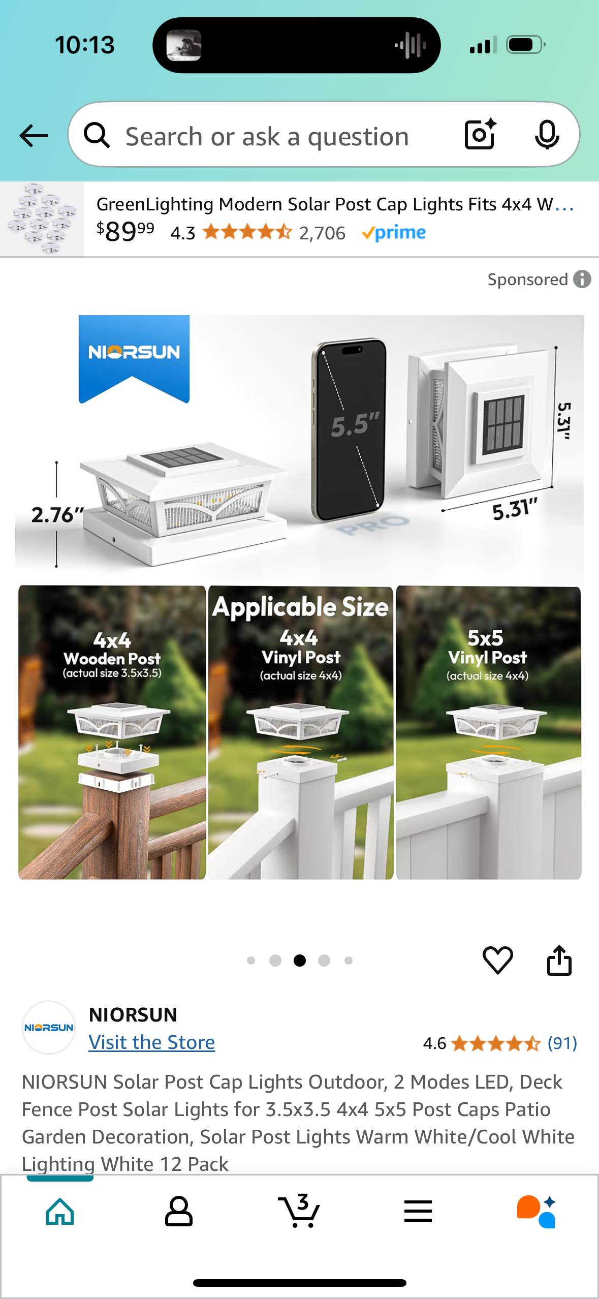 NIORSUN Solar Post Cap Lights Outdoor, 2 Modes LED, Deck Fence Post Solar Lights for 3.5x3.5 4x4 5x5 Post Caps Patio Garden Decoration, Solar Post Lights Warm White/Cool White Lighting White 12 Pack