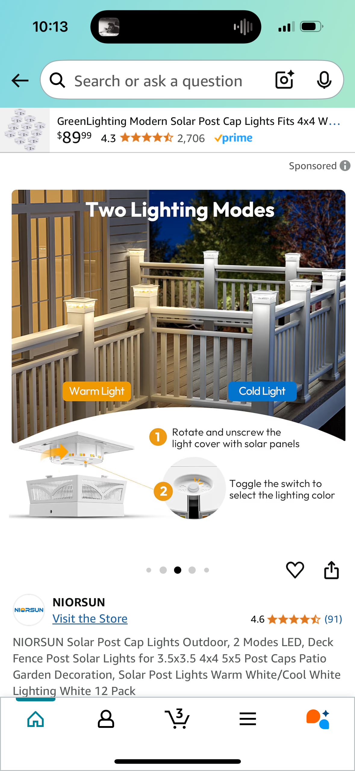 NIORSUN Solar Post Cap Lights Outdoor, 2 Modes LED, Deck Fence Post Solar Lights for 3.5x3.5 4x4 5x5 Post Caps Patio Garden Decoration, Solar Post Lights Warm White/Cool White Lighting White 12 Pack