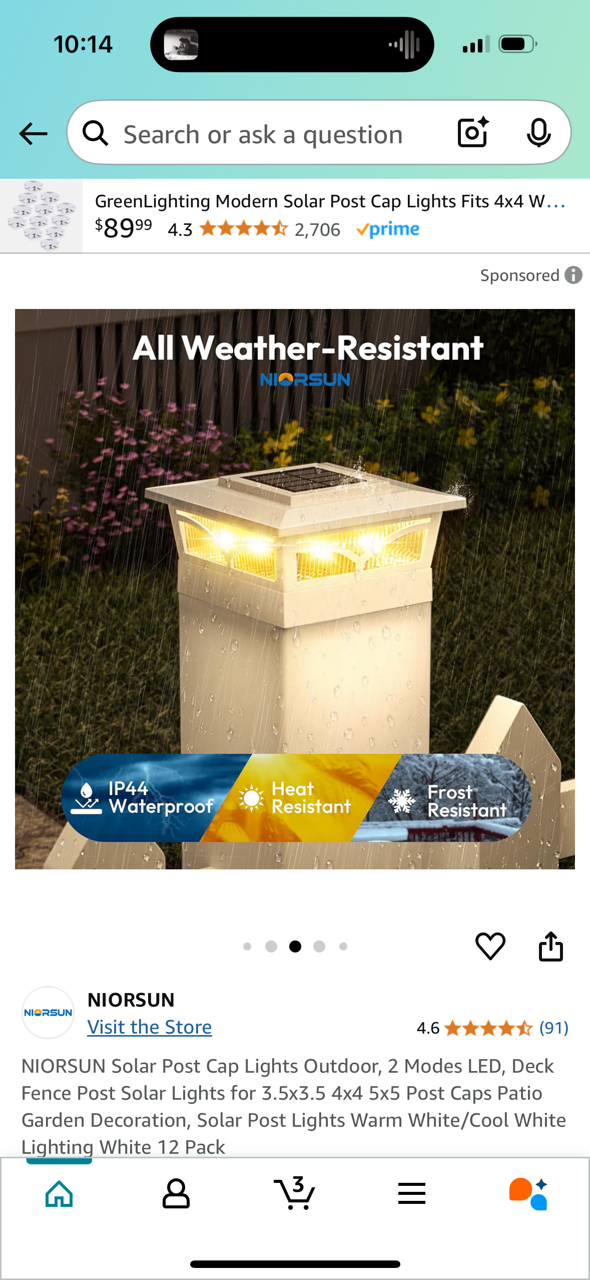 NIORSUN Solar Post Cap Lights Outdoor, 2 Modes LED, Deck Fence Post Solar Lights for 3.5x3.5 4x4 5x5 Post Caps Patio Garden Decoration, Solar Post Lights Warm White/Cool White Lighting White 12 Pack