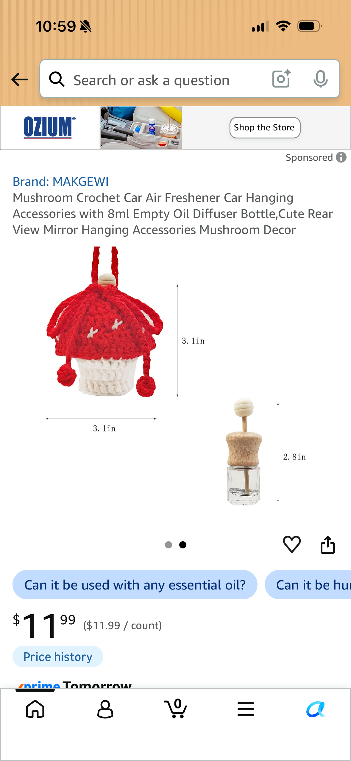 Mushroom Crochet Car Air Freshener Car Hanging Accessories with 8ml Empty Oil Diffuser Bottle,Cute Rear View Mirror Hanging Accessories Mushroom Decor