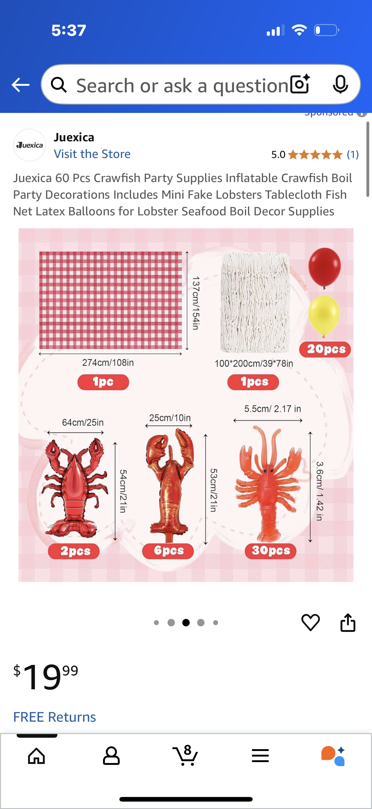 Juexica 60 Pcs Crawfish Party Supplies Inflatable Crawfish Boil Party Decorations Includes Mini Fake Lobsters Tablecloth Fish Net Latex Balloons for Lobster Seafood Boil Decor Supplies