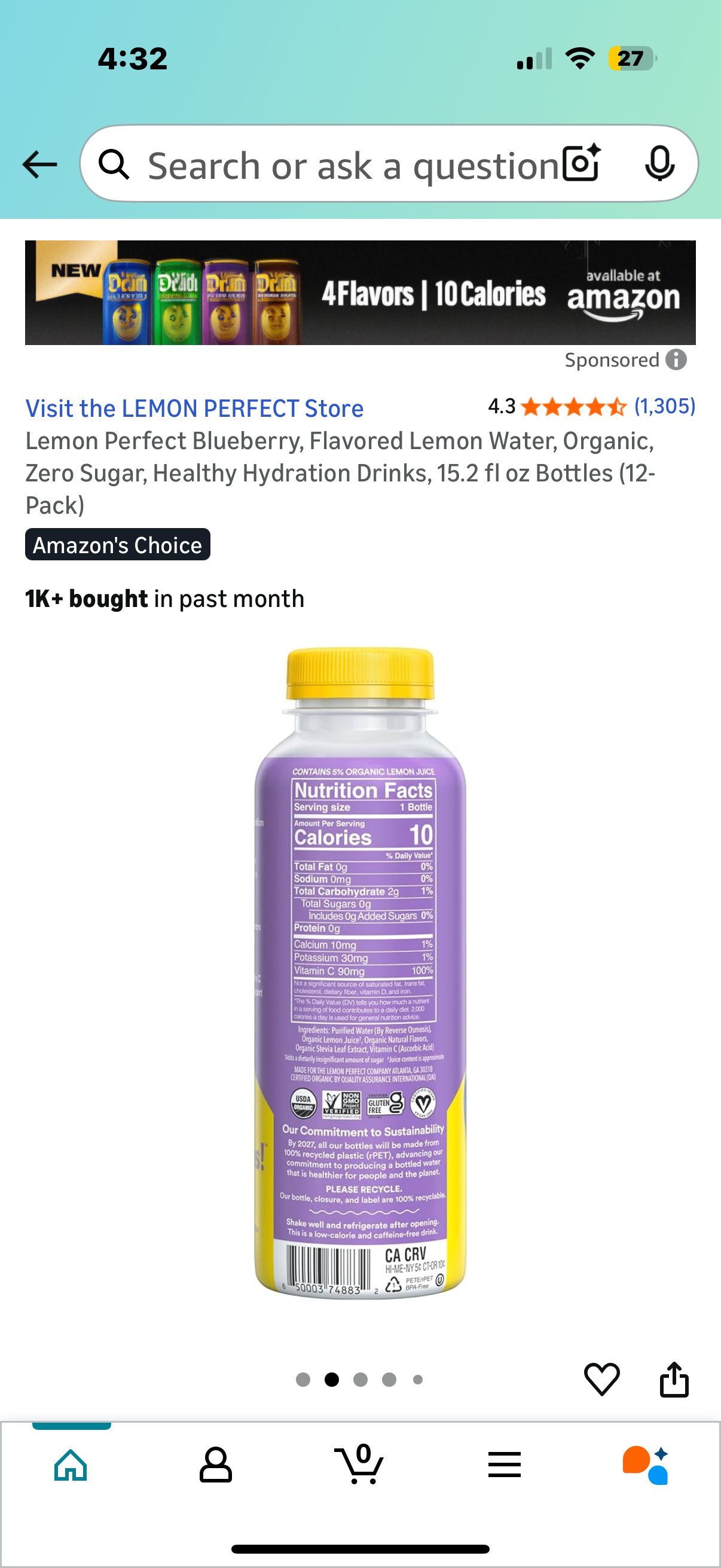 Lemon Perfect Blueberry, Flavored Lemon Water, Organic, Zero Sugar, Healthy Hydration Drinks, 15.2 fl oz Bottles (12-Pack