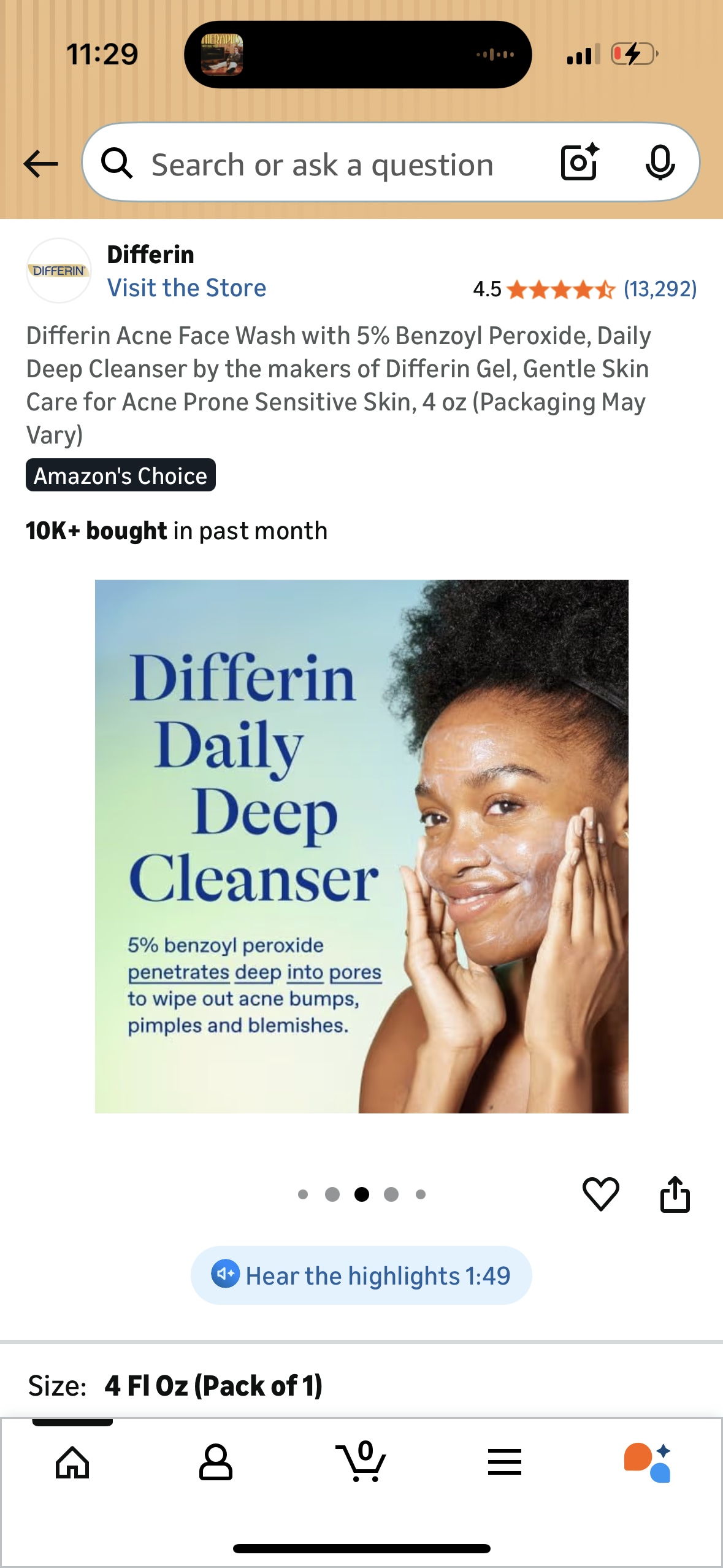 Differin Acne Face Wash with 5% Benzoyl Peroxide, Daily Deep Cleanser by the makers of Differin Gel, Gentle Skin Care for Acne Prone Sensitive Skin, 4 oz (Packaging May Vary)