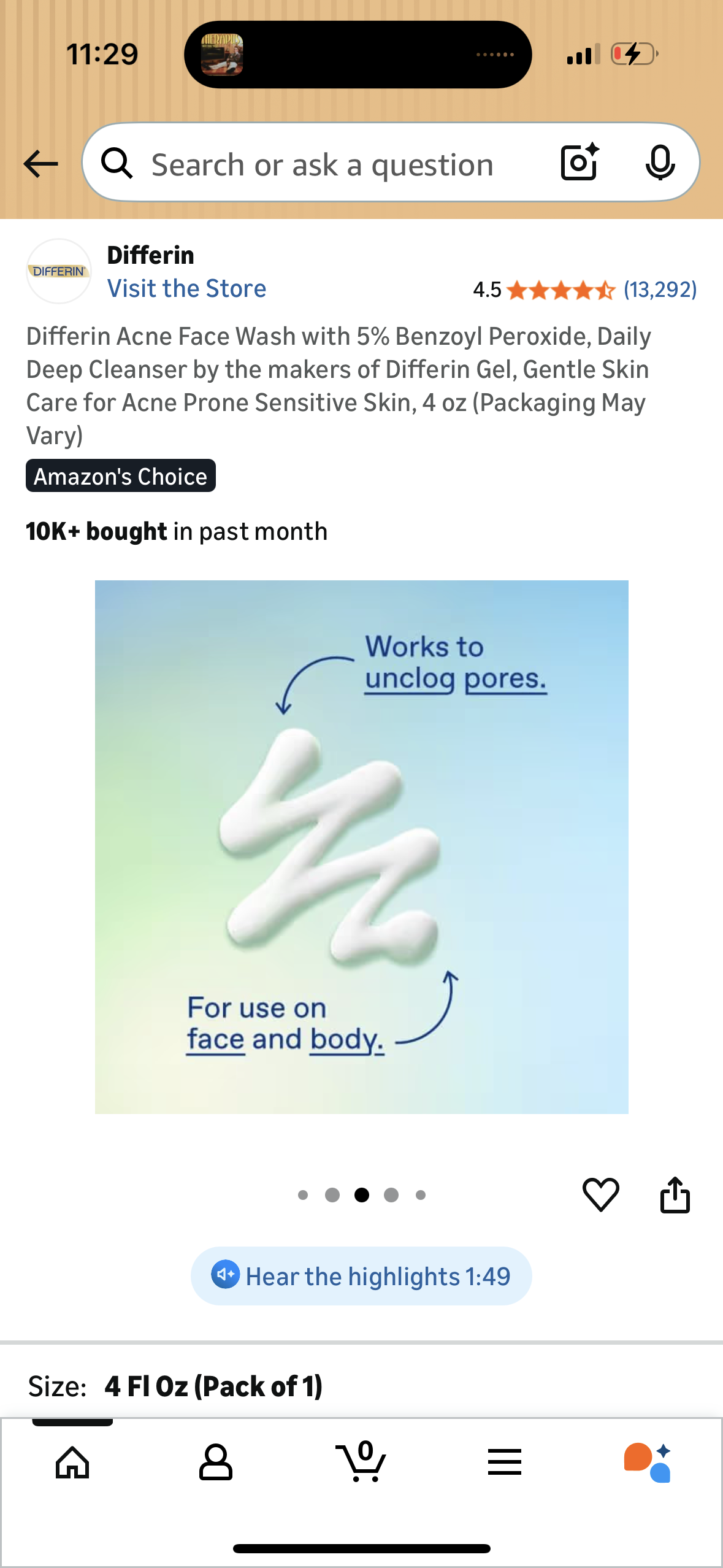 Differin Acne Face Wash with 5% Benzoyl Peroxide, Daily Deep Cleanser by the makers of Differin Gel, Gentle Skin Care for Acne Prone Sensitive Skin, 4 oz (Packaging May Vary)