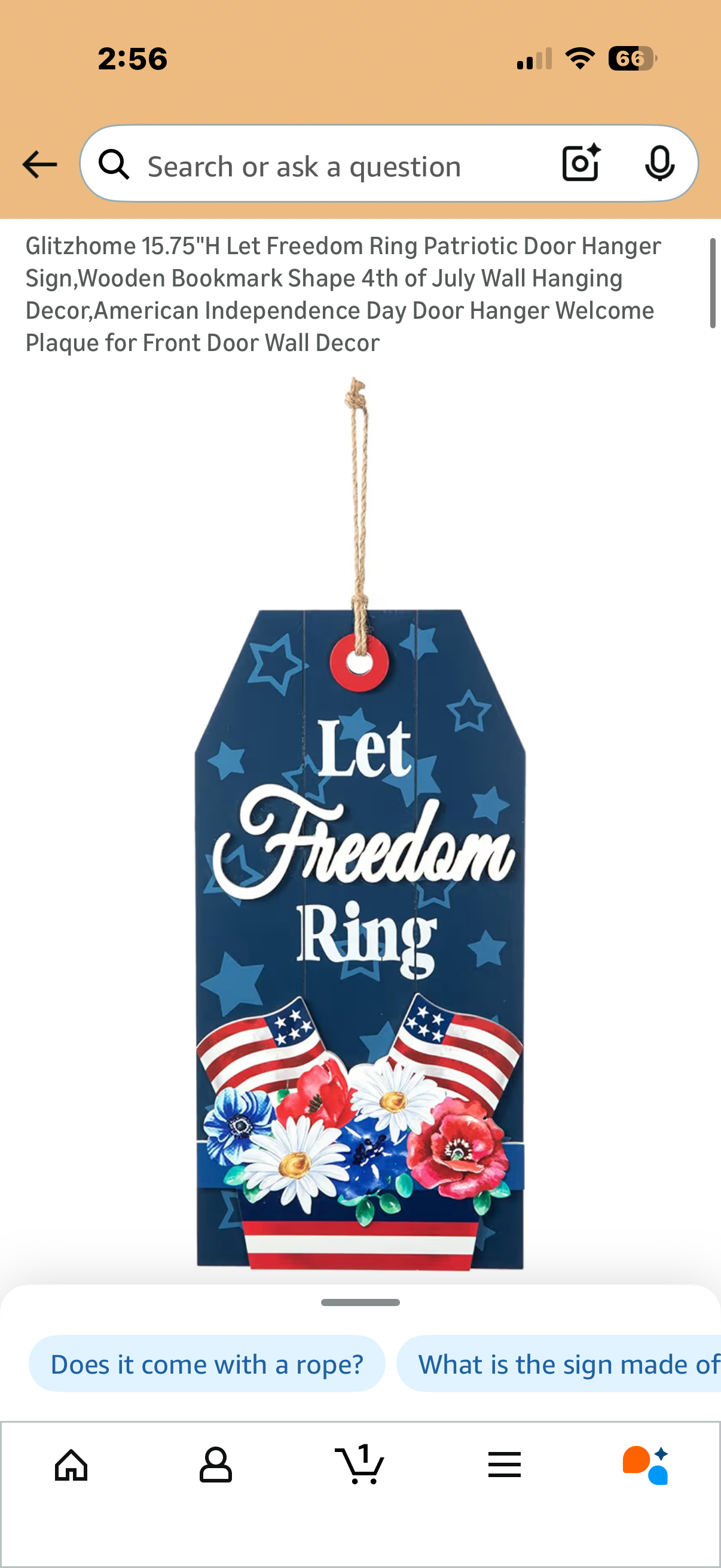 Glitzhome 15.75"H Let Freedom Ring Patriotic Door Hanger Sign,Wooden Bookmark Shape 4th of July Wall Hanging Decor,American Independence Day Door Hanger Welcome Plaque for Front Door Wall Decor