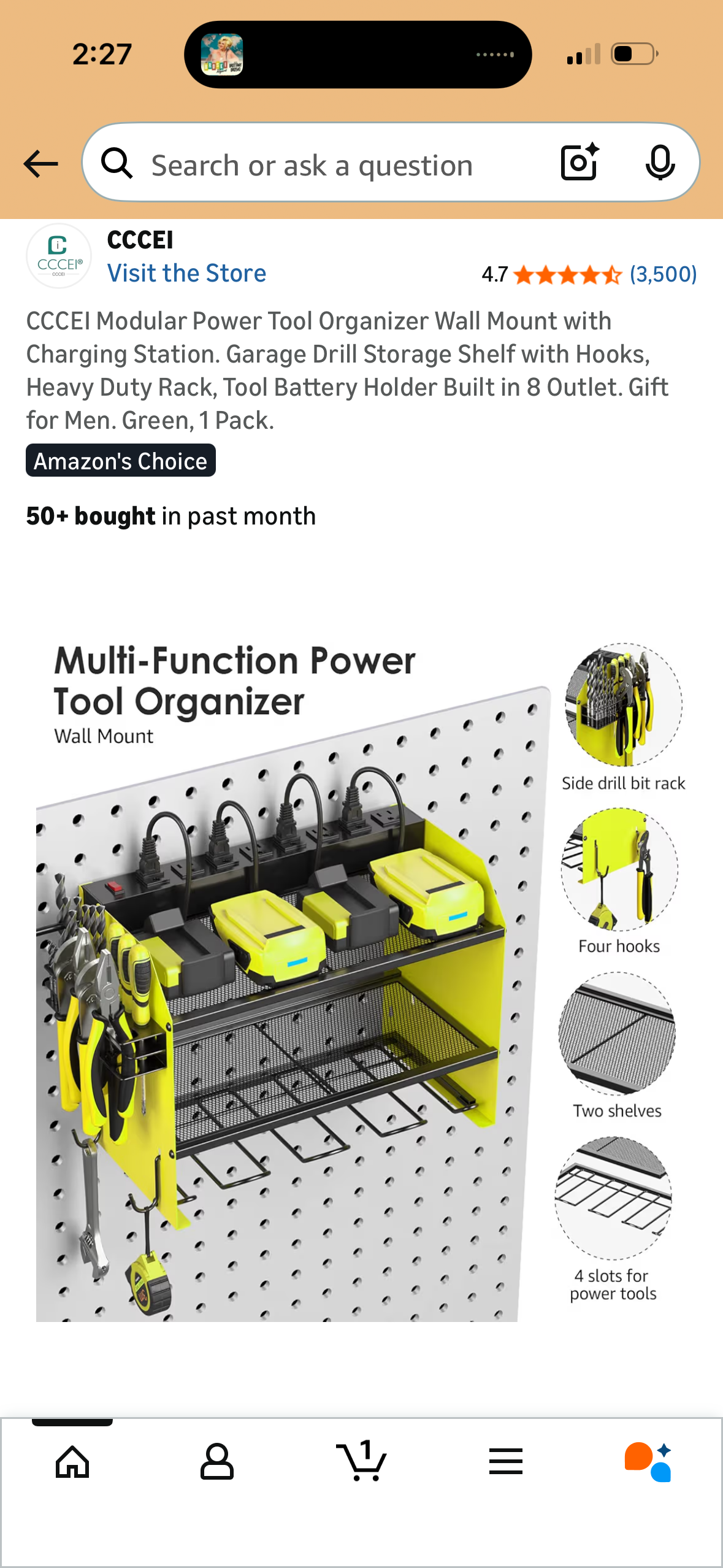 CCCEI Modular Power Tool Organizer Wall Mount with Charging Station. Garage Drill Storage Shelf with Hooks, Heavy Duty Rack, Tool Battery Holder Built in 8 Outlet. Gift for Men. Green, 1 Pack.