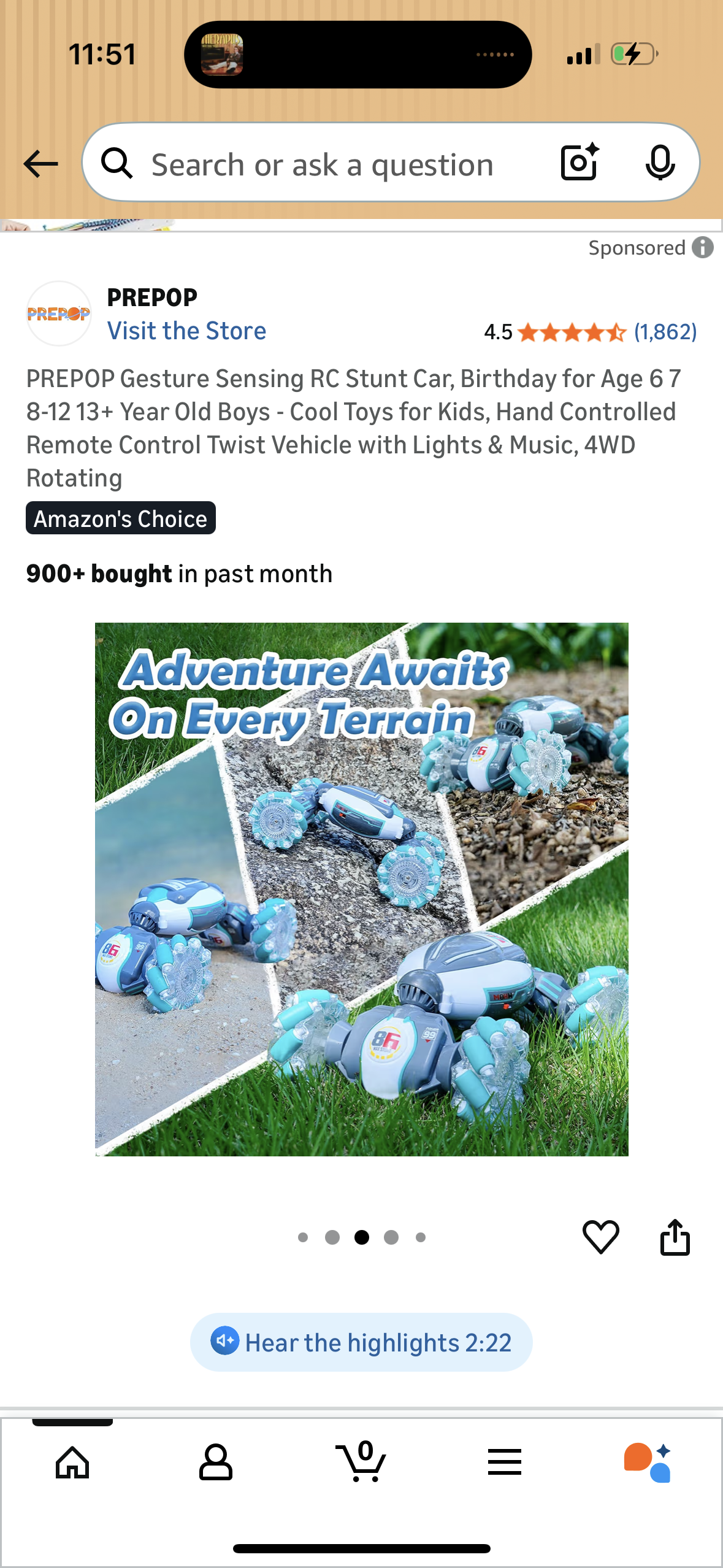 PREPOP Gesture Sensing RC Stunt Car, Birthday for Age 6 7 8-12 13+ Year Old Boys - Cool Toys for Kids, Hand Controlled Remote Control Twist Vehicle with Lights & Music, 4WD Rotating