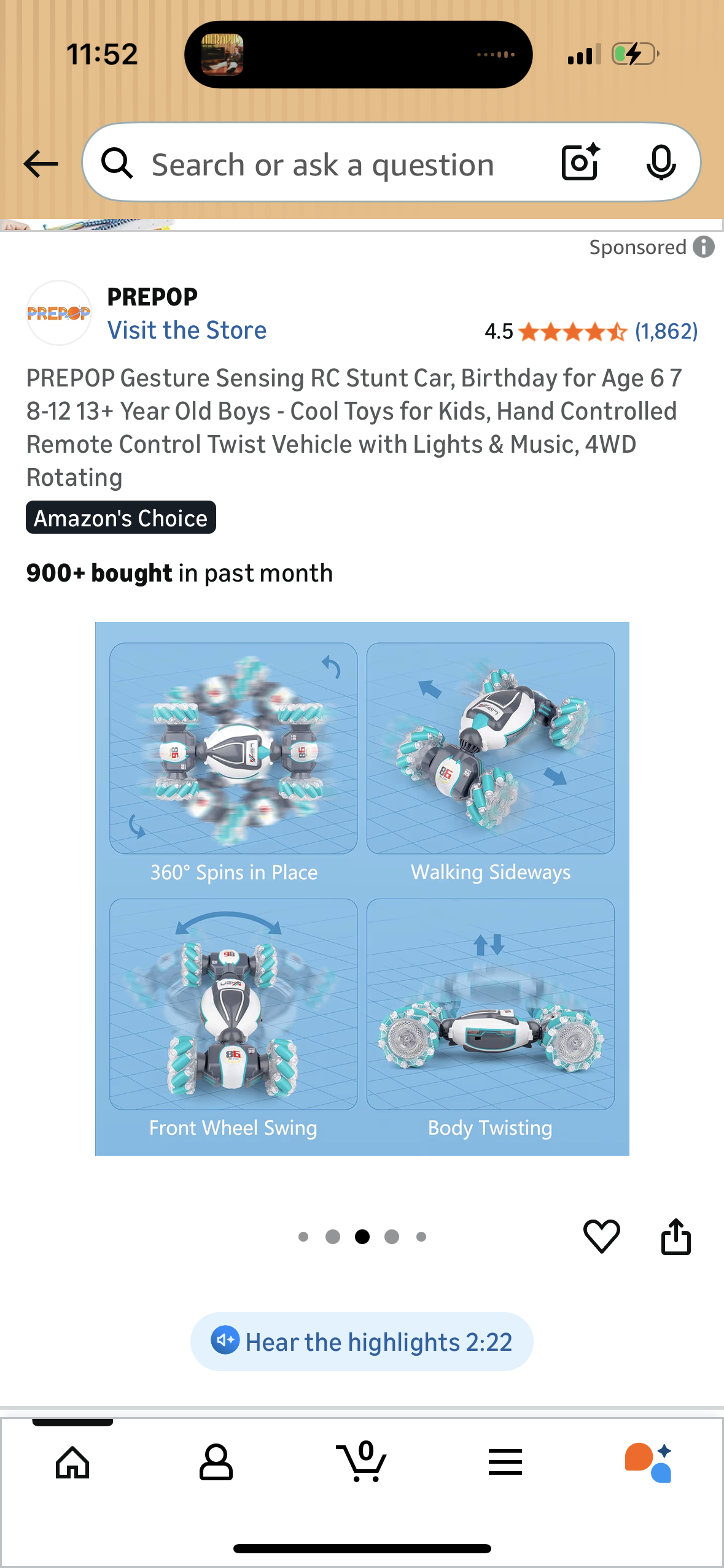 PREPOP Gesture Sensing RC Stunt Car, Birthday for Age 6 7 8-12 13+ Year Old Boys - Cool Toys for Kids, Hand Controlled Remote Control Twist Vehicle with Lights & Music, 4WD Rotating