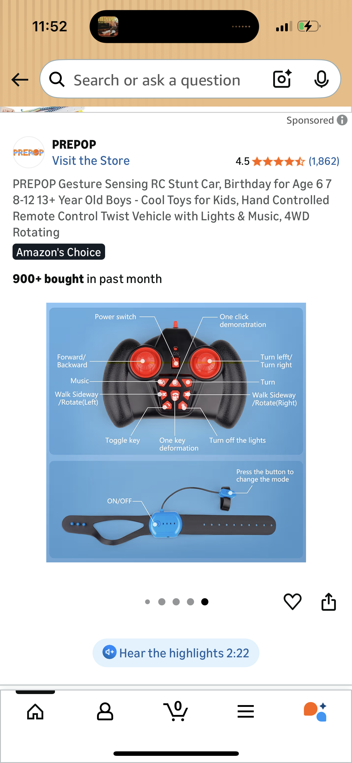 PREPOP Gesture Sensing RC Stunt Car, Birthday for Age 6 7 8-12 13+ Year Old Boys - Cool Toys for Kids, Hand Controlled Remote Control Twist Vehicle with Lights & Music, 4WD Rotating