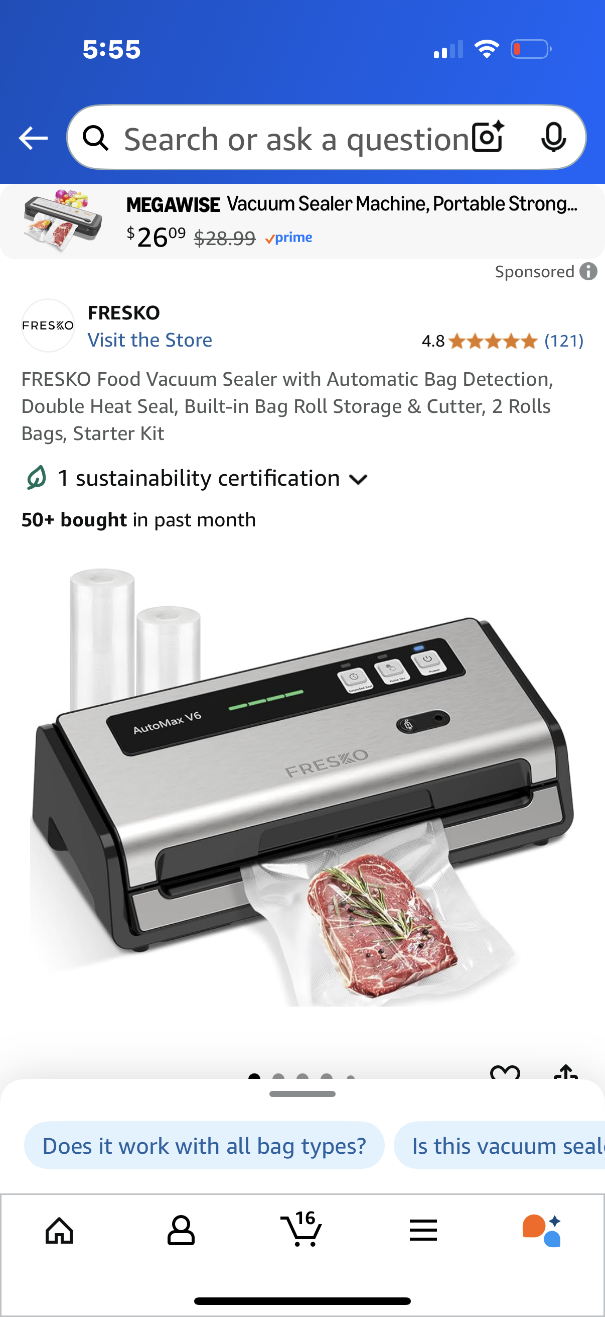 FRESKO Food Vacuum Sealer with Automatic Bag Detection, Double Heat Seal, Built-in Bag Roll Storage & Cutter, 2 Rolls Bags, Starter Kit