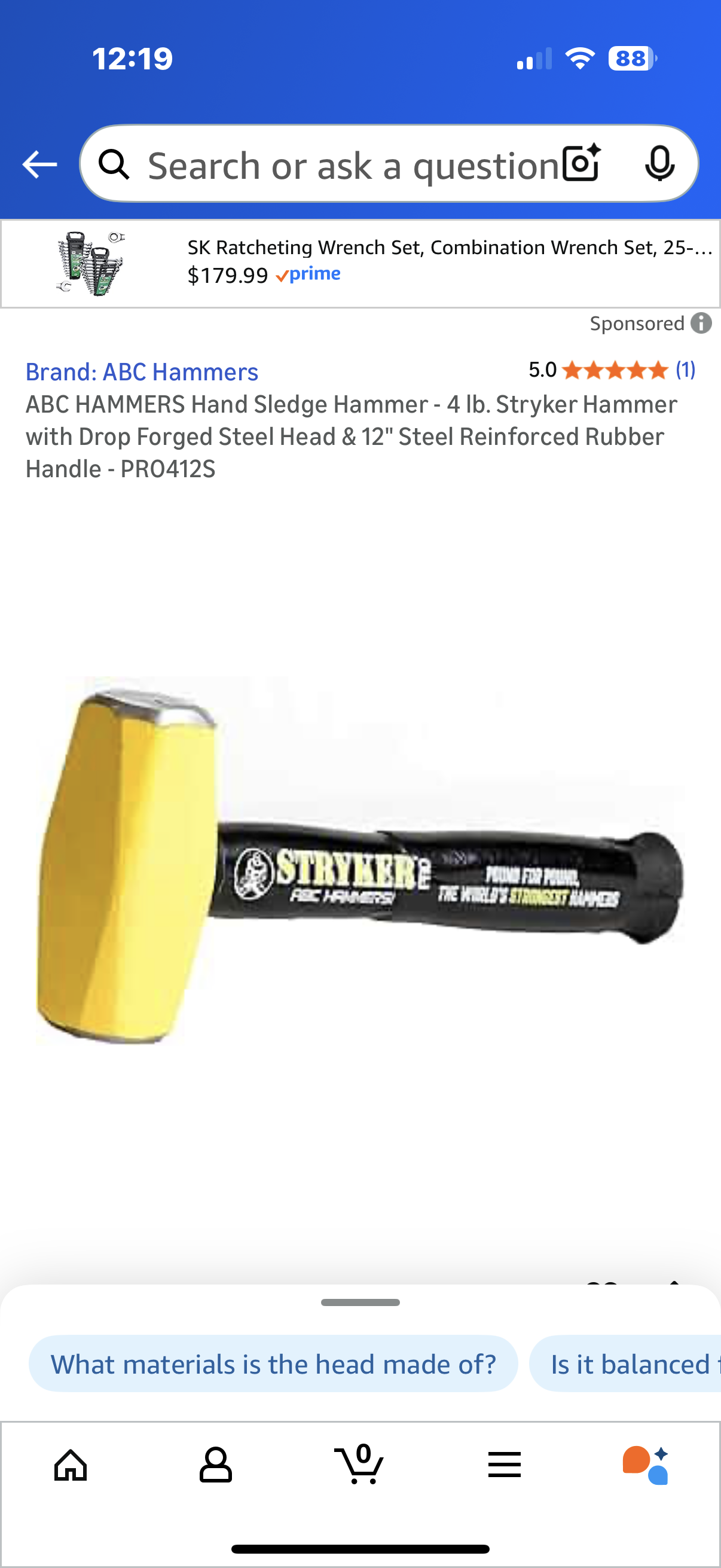 ABC HAMMERS Hand Sledge Hammer - 4 lb. Look Stryker Hammer with Drop Forged Steel Head & 12" Steel Reinforced Rubber Handle - PRO412S