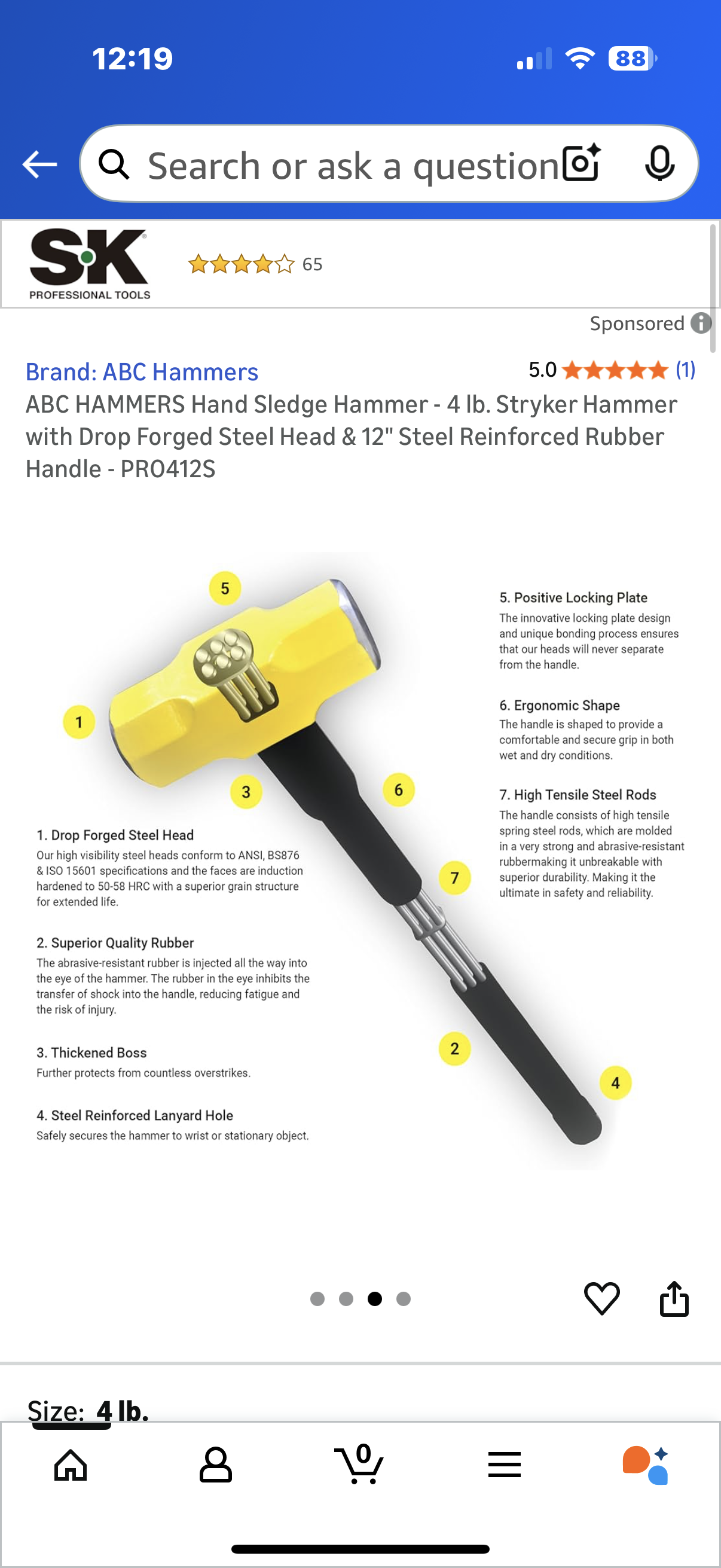 ABC HAMMERS Hand Sledge Hammer - 4 lb. Look Stryker Hammer with Drop Forged Steel Head & 12" Steel Reinforced Rubber Handle - PRO412S