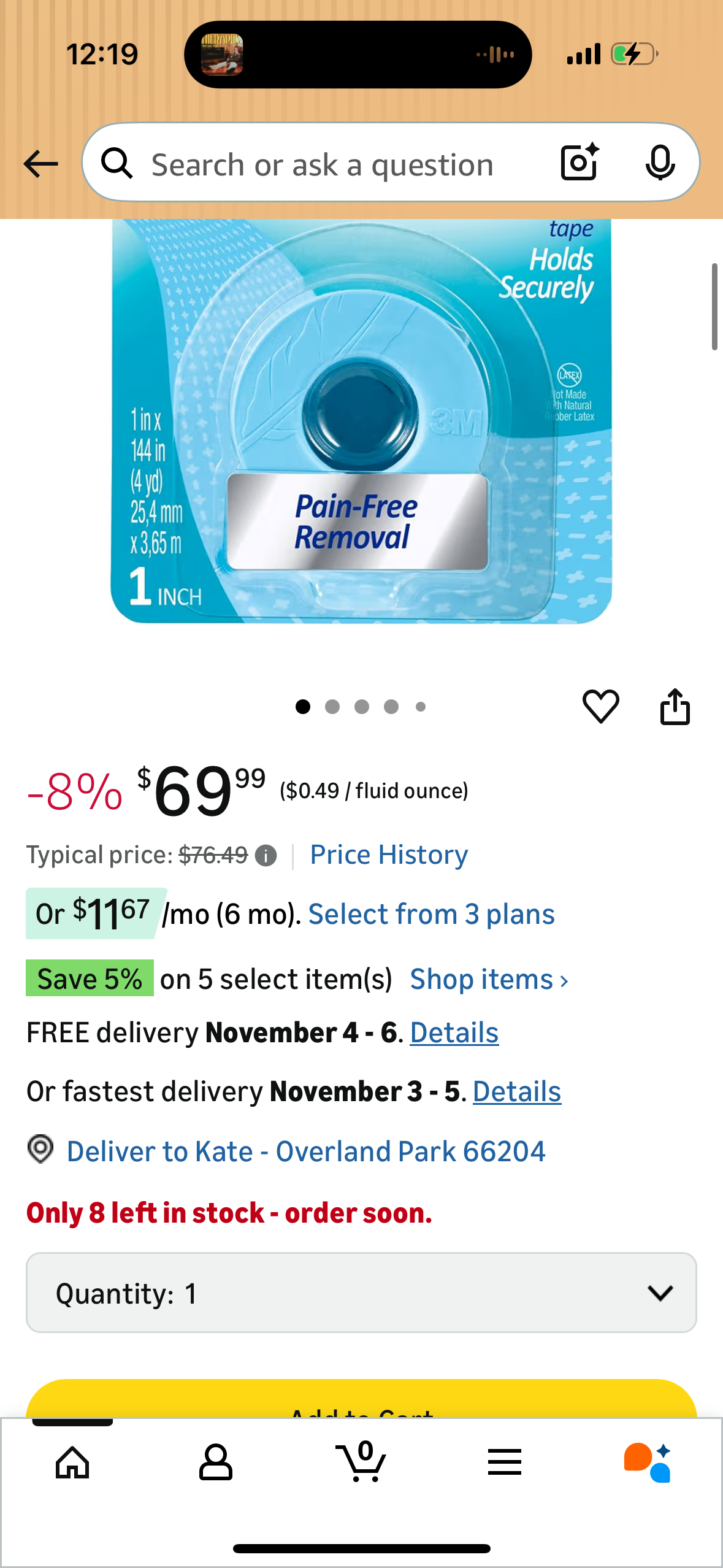 Nexcare Sensitive Skin Low Trauma Tape, 1 in x 4 yd, Pain-Free Removal, Hypoallergenic, 12 Rolls