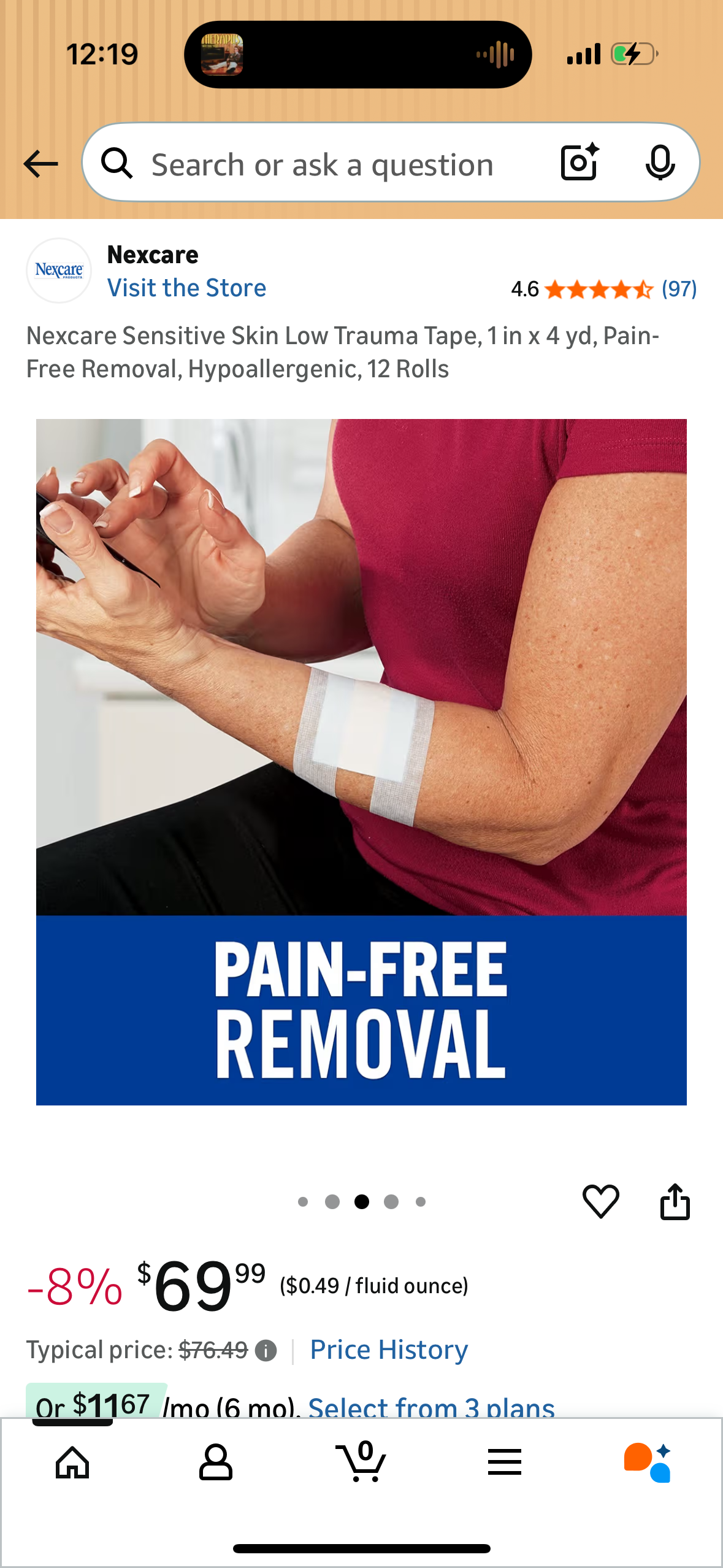 Nexcare Sensitive Skin Low Trauma Tape, 1 in x 4 yd, Pain-Free Removal, Hypoallergenic, 12 Rolls