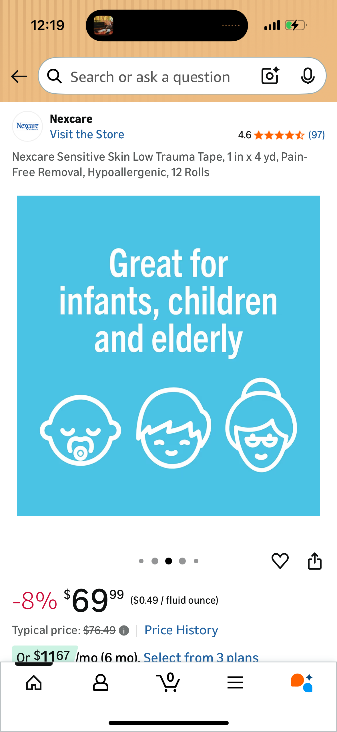 Nexcare Sensitive Skin Low Trauma Tape, 1 in x 4 yd, Pain-Free Removal, Hypoallergenic, 12 Rolls