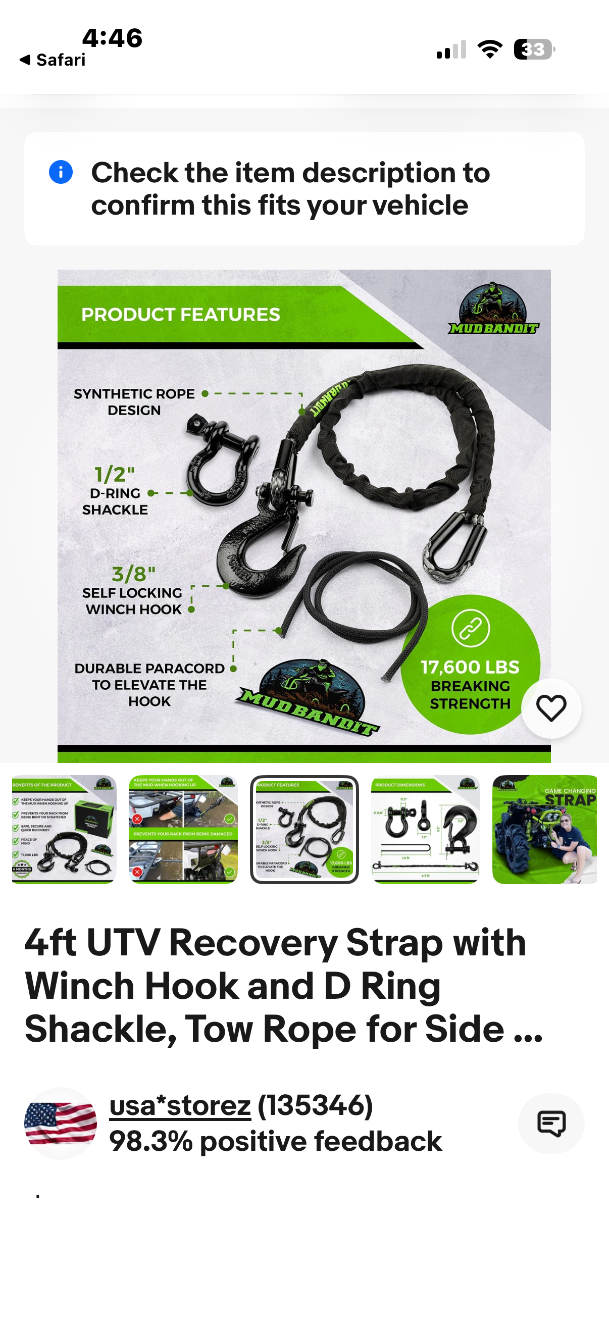 Mud Bandit 4ft UTV Recovery Strap with Winch Hook and D Ring Shackle, Tow Rope for Side by Side, 17,600lb Synthetic Rope with Loops, Premium Mudding Accessories