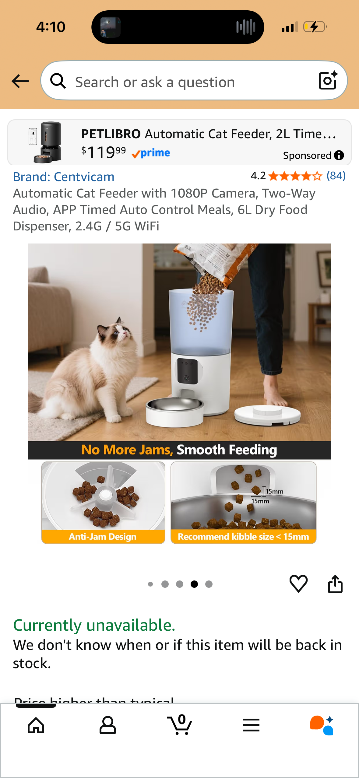 Automatic Cat Feeder with 1080P Camera, Two-Way Audio, APP Timed Auto Control Meals, 6L Dry Food Dispenser, 2.4G / 5G WiFi