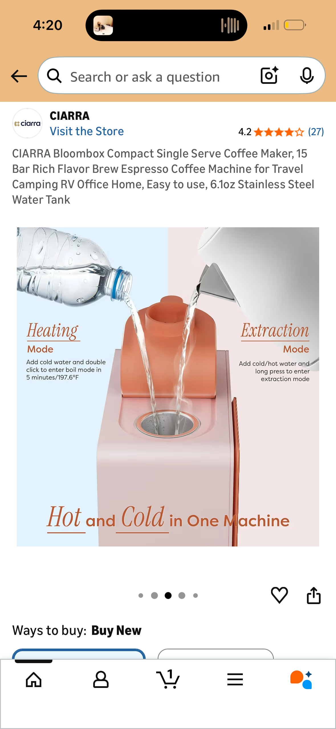 CIARRA Bloombox Compact Single Serve Coffee Maker, 15 Bar Rich Flavor Brew Espresso Coffee Machine for Travel Camping RV Office Home, Easy to use, 6.1oz Stainless Steel Water Tank