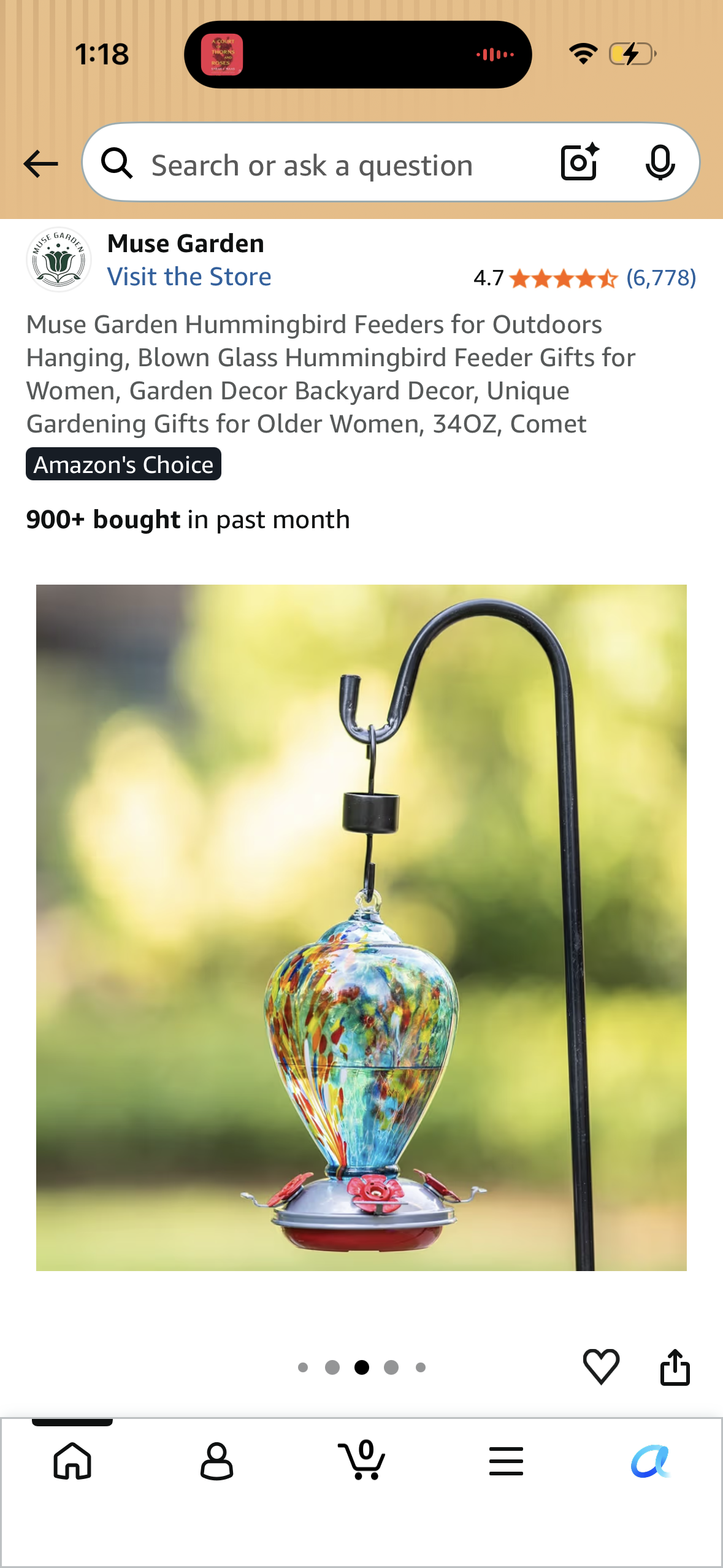 Muse Garden Hummingbird Feeders for Outdoors Hanging, Blown Glass Hummingbird Feeder Gifts for Women, Garden Decor Backyard Decor, Unique Gardening Gifts for Older Women, 34OZ, Comet