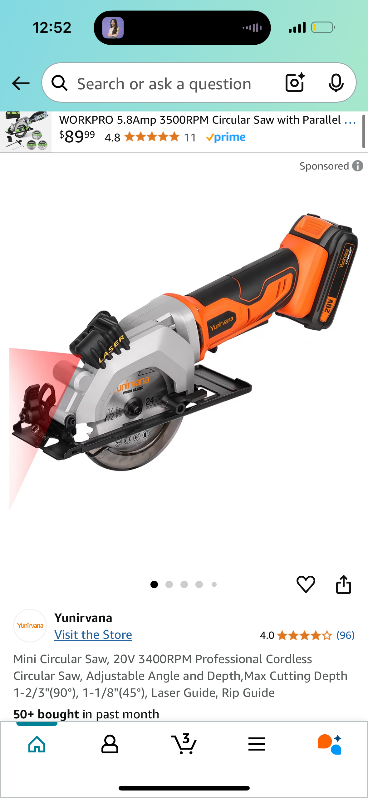 Mini Circular Saw, 20V 3400RPM Professional Cordless Circular Saw, Adjustable Angle and Depth,Max Cutting Depth 1-2/3"(90°), 1-1/8"(45°), Laser Guide, Rip Guide