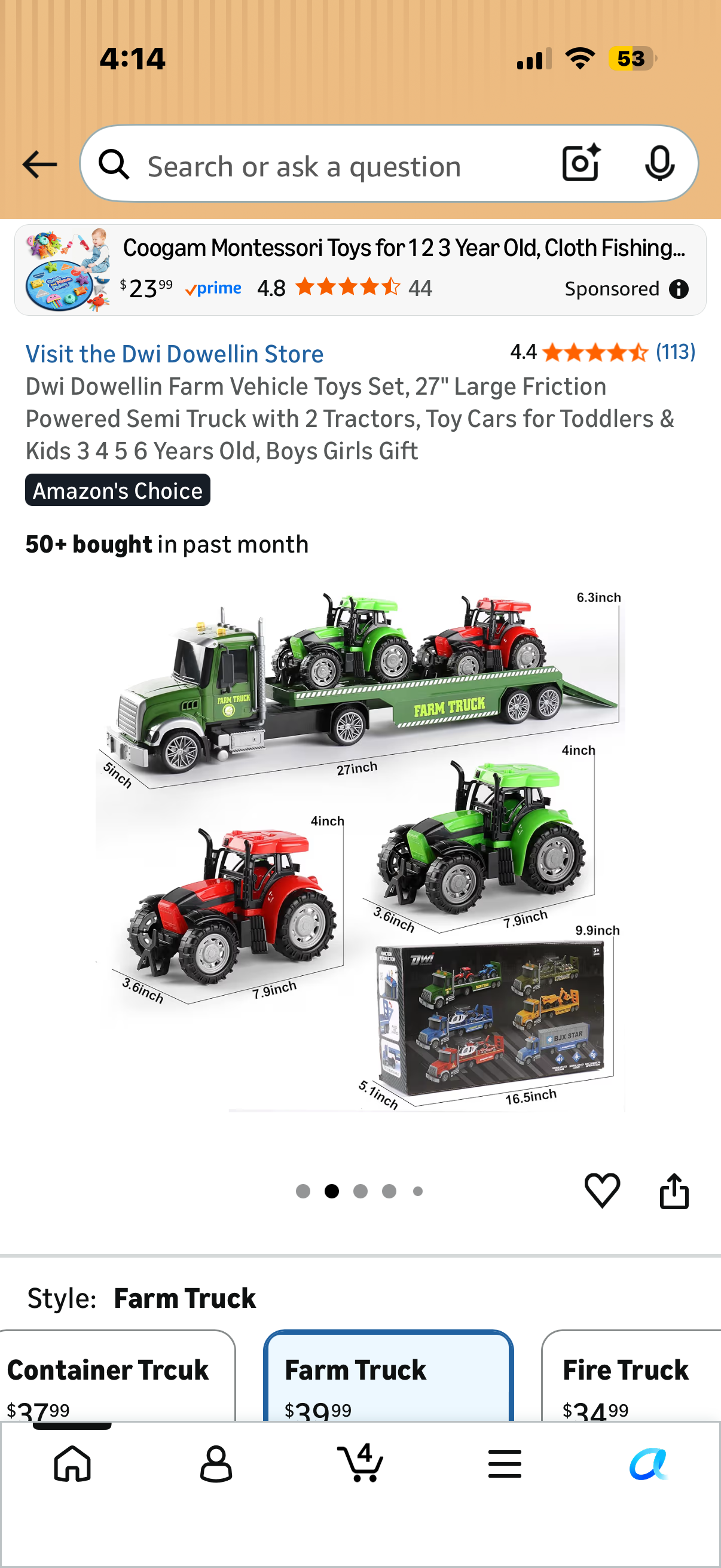Dwi Dowellin Farm Vehicle Toys Set, 27" Large Friction Powered Semi Truck with 2 Tractors, Toy Cars for Toddlers & Kids 3 4 5 6 Years Old, Boys Girls Gift