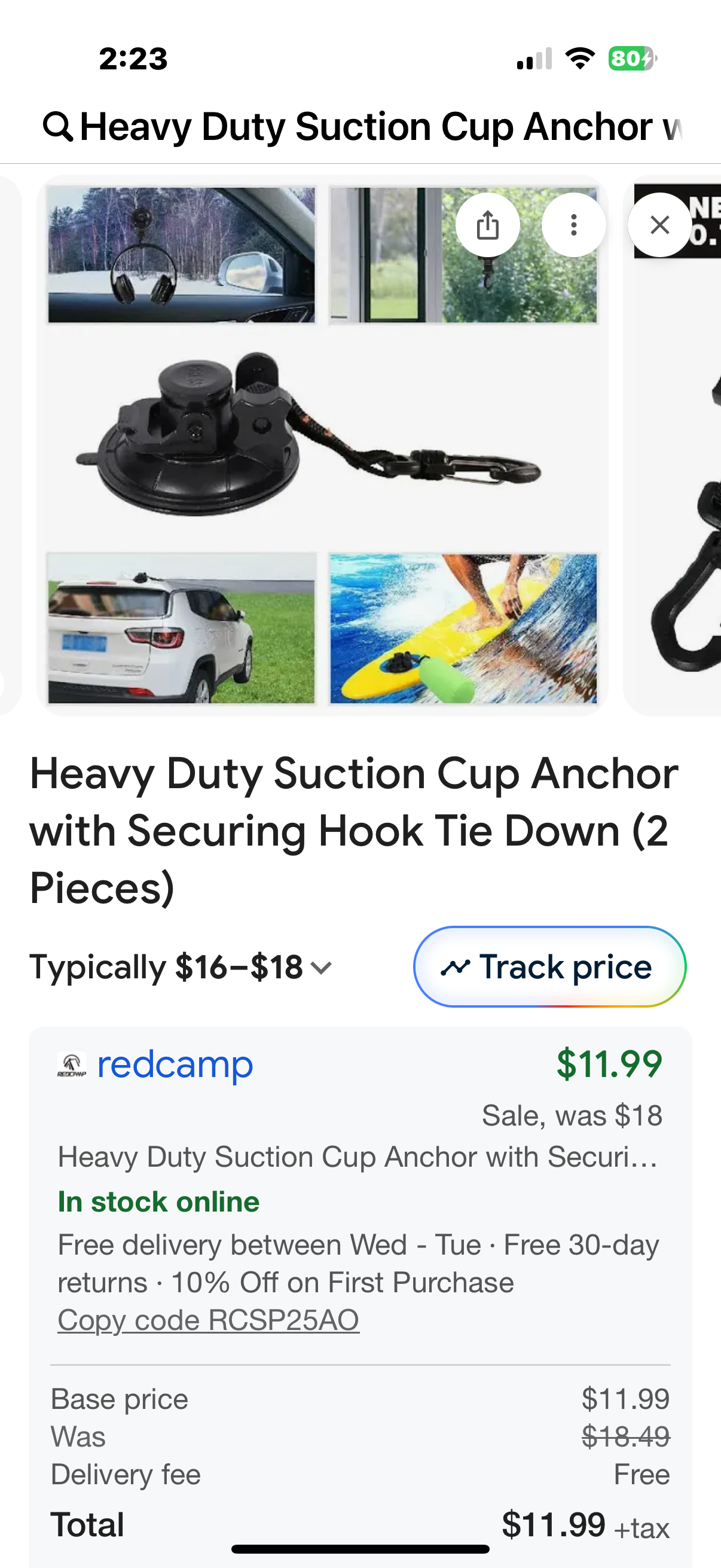 Heavy Duty Suction Cup Anchor with Securing Hook Tie Down (2 Pieces)