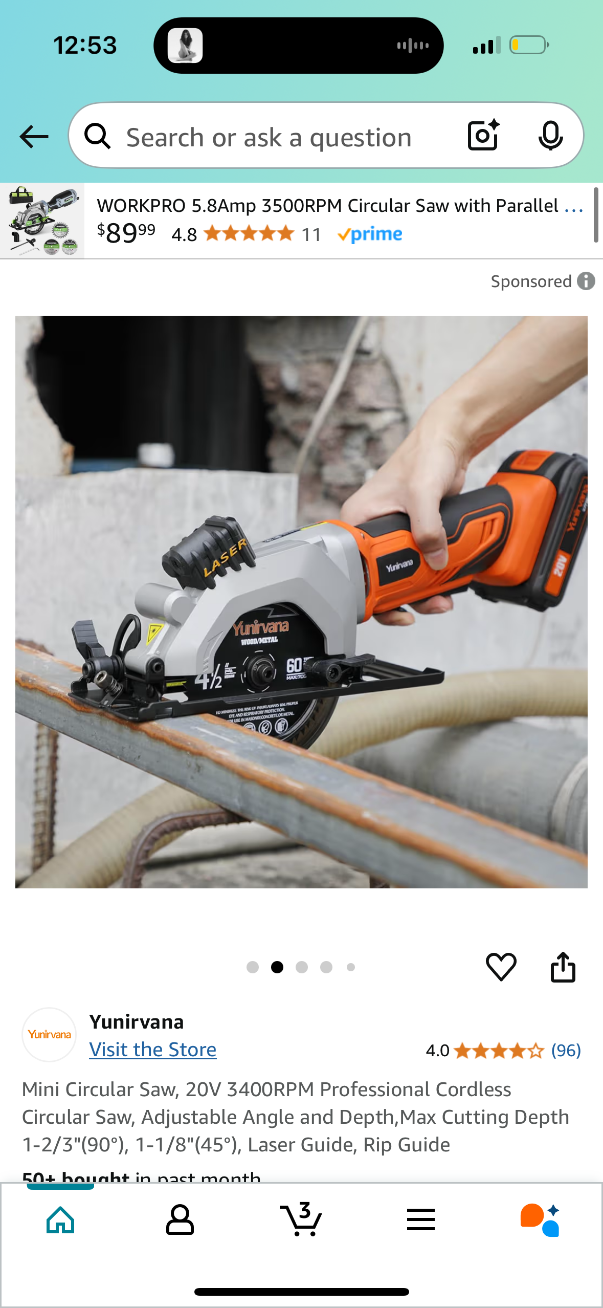 Mini Circular Saw, 20V 3400RPM Professional Cordless Circular Saw, Adjustable Angle and Depth,Max Cutting Depth 1-2/3"(90°), 1-1/8"(45°), Laser Guide, Rip Guide