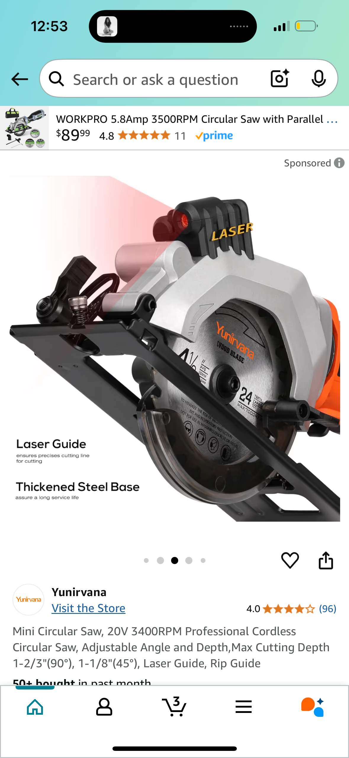 Mini Circular Saw, 20V 3400RPM Professional Cordless Circular Saw, Adjustable Angle and Depth,Max Cutting Depth 1-2/3"(90°), 1-1/8"(45°), Laser Guide, Rip Guide