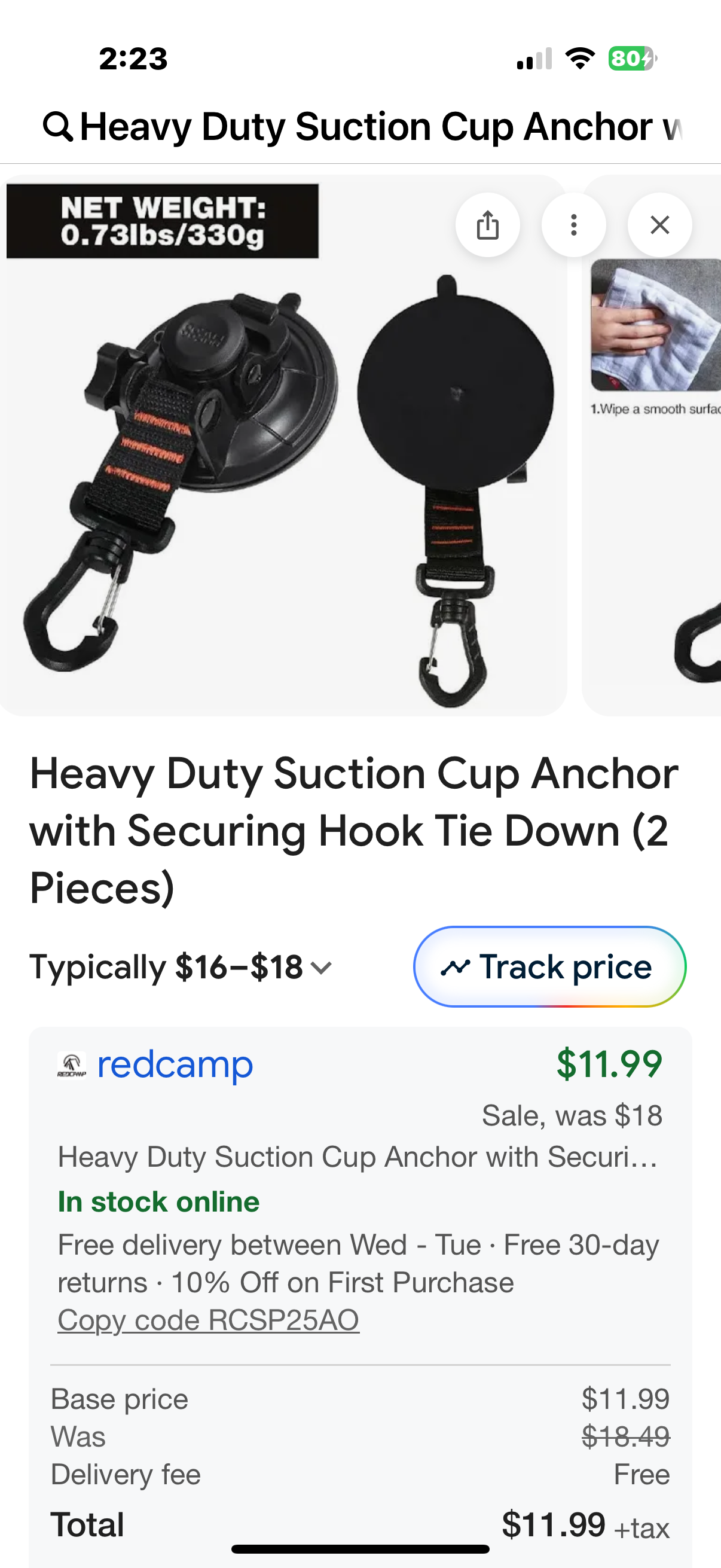 Heavy Duty Suction Cup Anchor with Securing Hook Tie Down (2 Pieces)