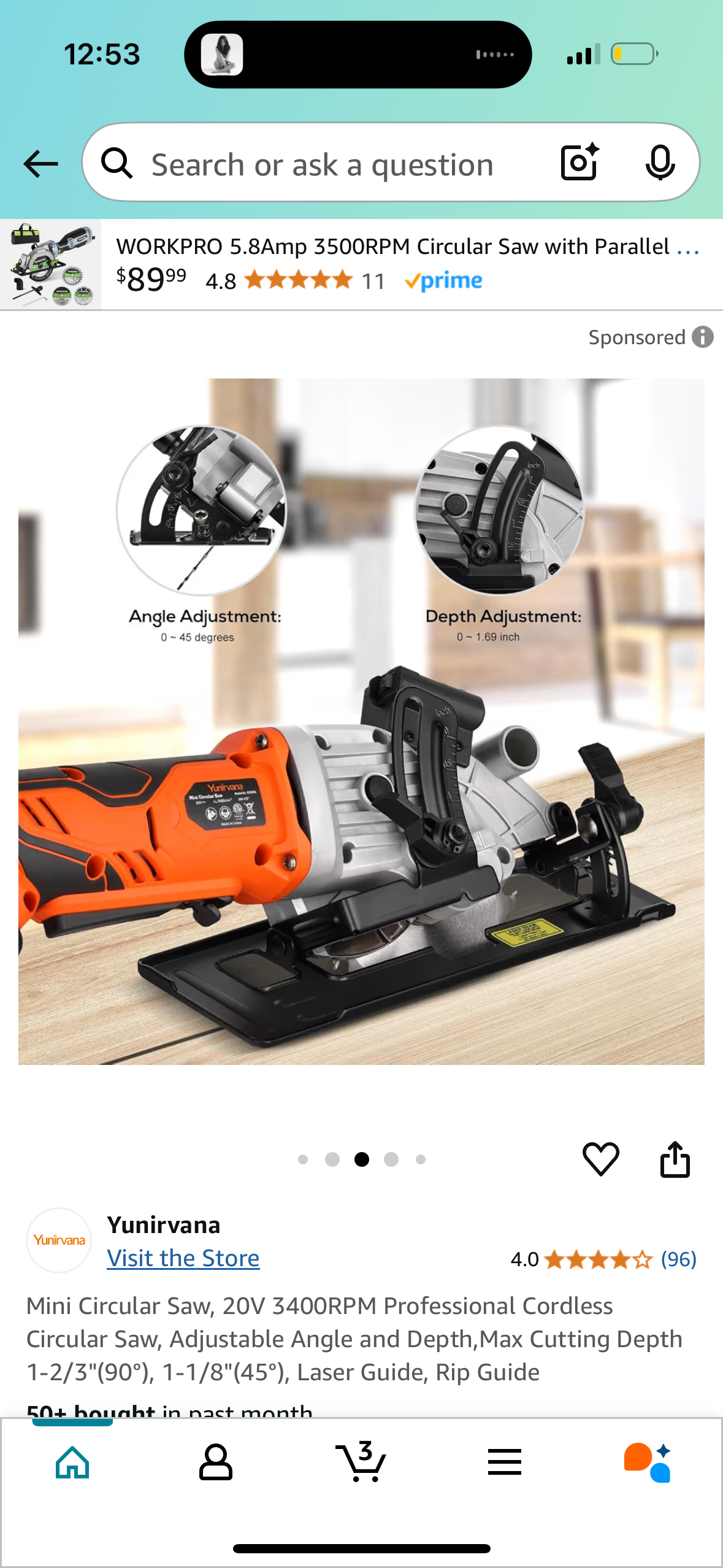 Mini Circular Saw, 20V 3400RPM Professional Cordless Circular Saw, Adjustable Angle and Depth,Max Cutting Depth 1-2/3"(90°), 1-1/8"(45°), Laser Guide, Rip Guide
