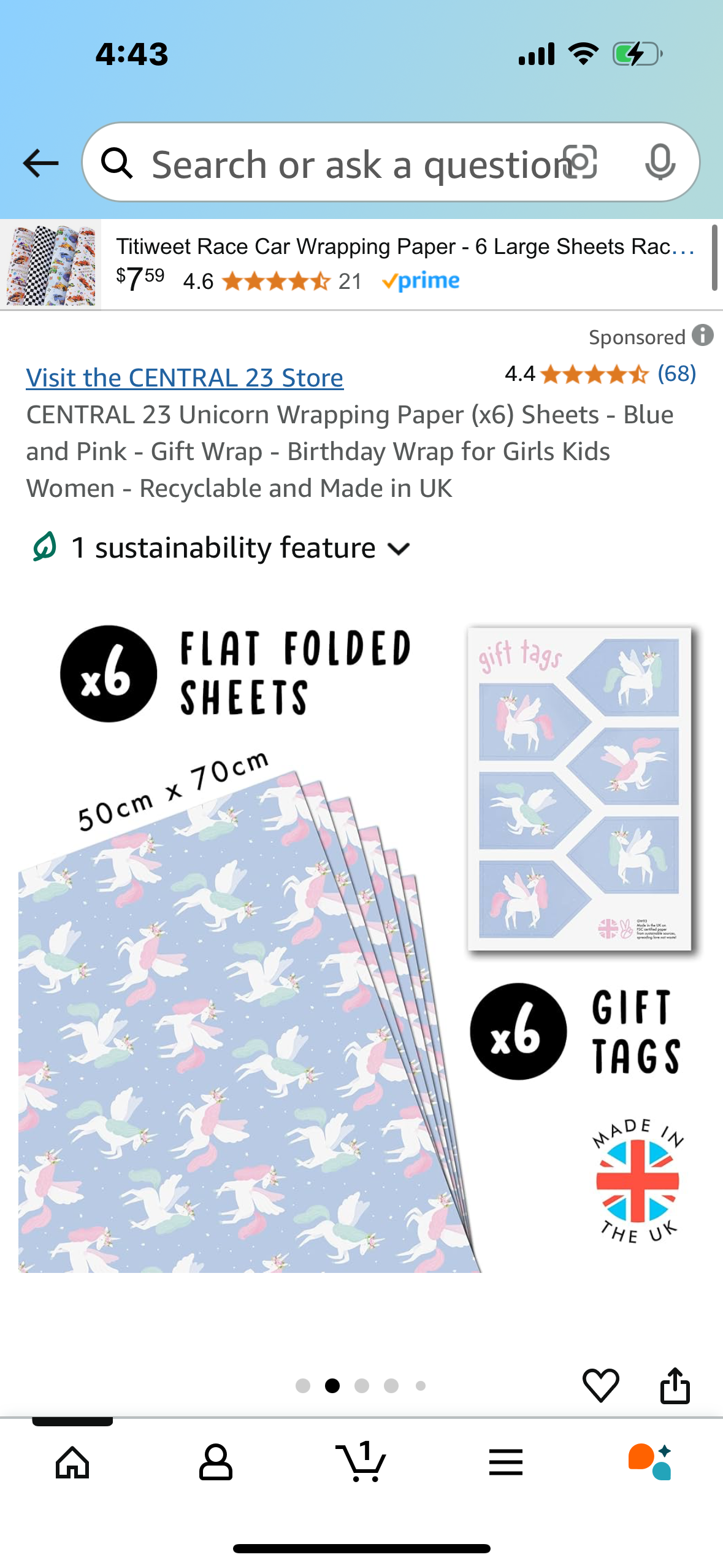 Unicorn Wrapping Paper (x6) Sheets - Blue and Pink - Gift Wrap - Birthday Wrap for Girls Kids Women - Recyclable and Made in UK