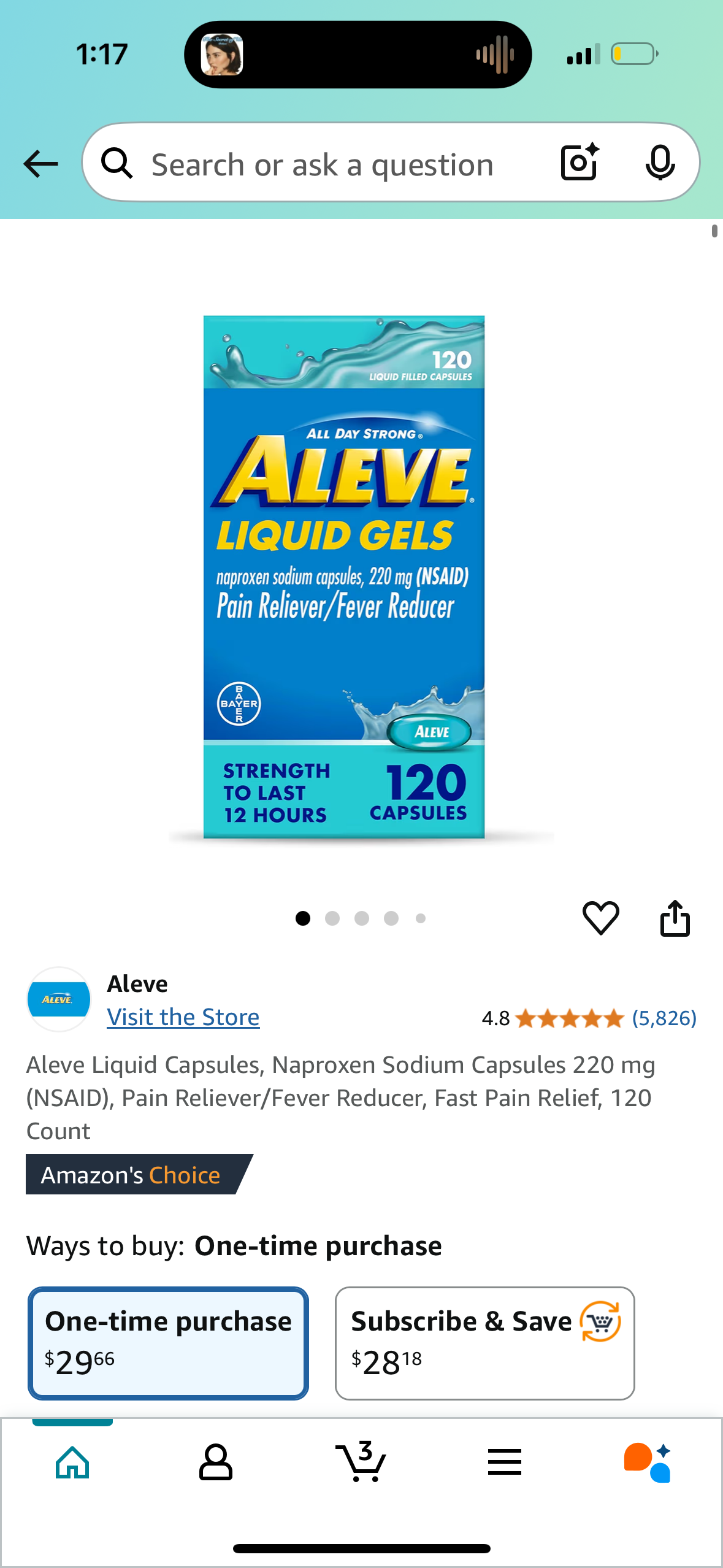 Aleve Liquid Capsules, Naproxen Sodium Capsules 220 mg (NSAID), Pain Reliever/Fever Reducer, Fast Pain Relief, 120 Count