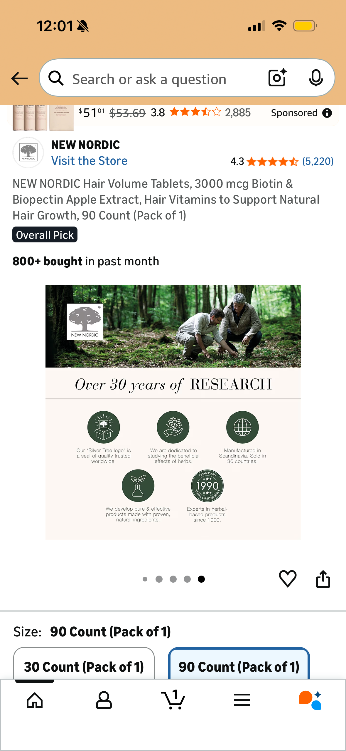 NEW NORDIC Hair Volume Tablets, 3000 mcg Biotin & Biopectin Apple Extract, Hair Vitamins to Support Natural Hair Growth, 90 Count (Pack of 1)