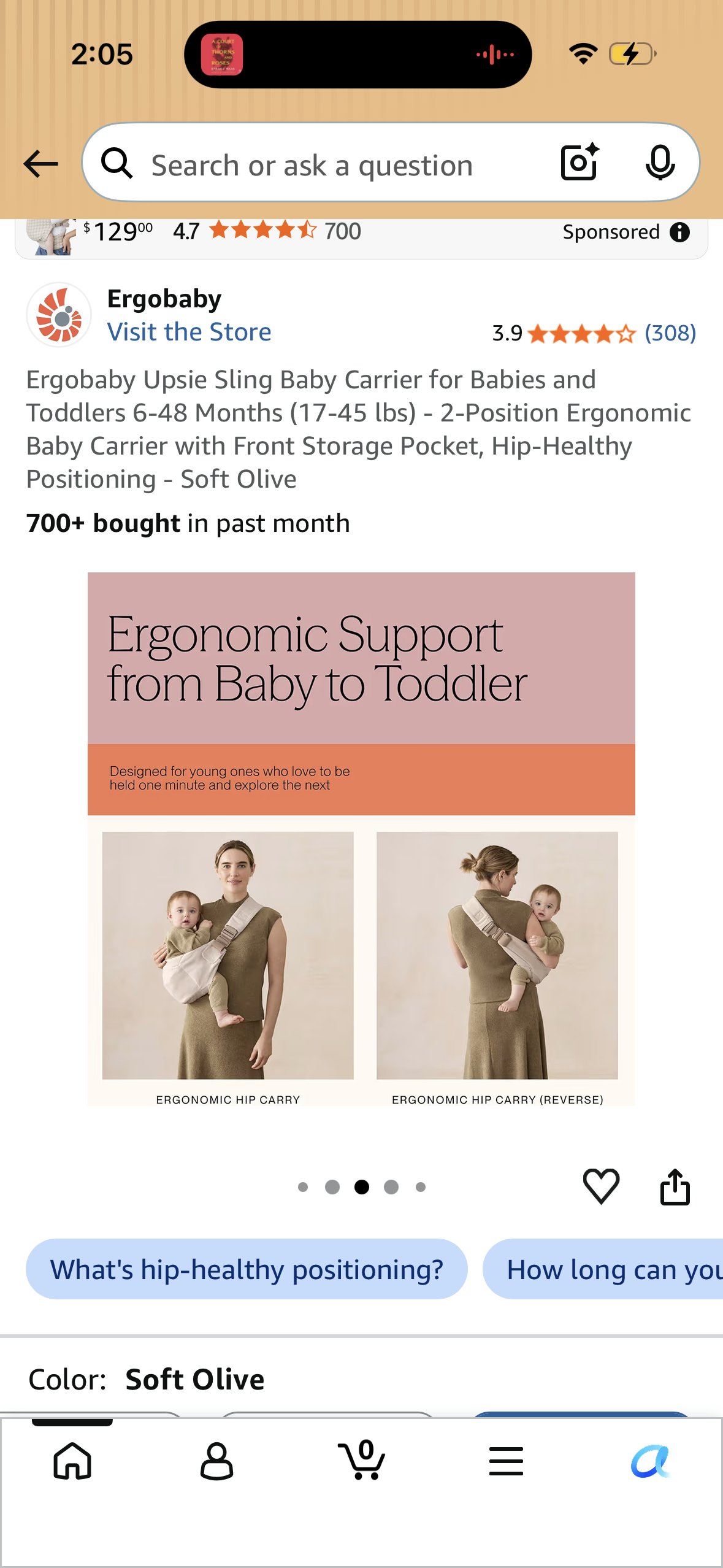 Ergobaby Upsie Sling Baby Carrier for Babies and Toddlers 6-48 Months (17-45 lbs) - 2-Position Ergonomic Baby Carrier with Front Storage Pocket, Hip-Healthy Positioning - Soft Olive
